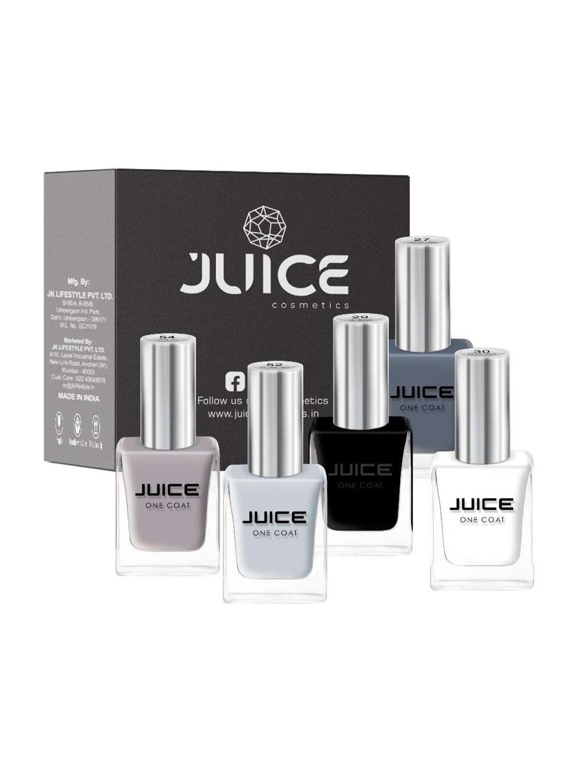 Image of Juice | ONE COAT | NAIL PAINT COMBO | LONG LASTING | 11ML EACH | PACK OF 5 | GRAVEL GRAY - 27, JET BLACK - 29, FROST WHITE - 30, NATURAL GRAY - 52, DARK OAT - 54