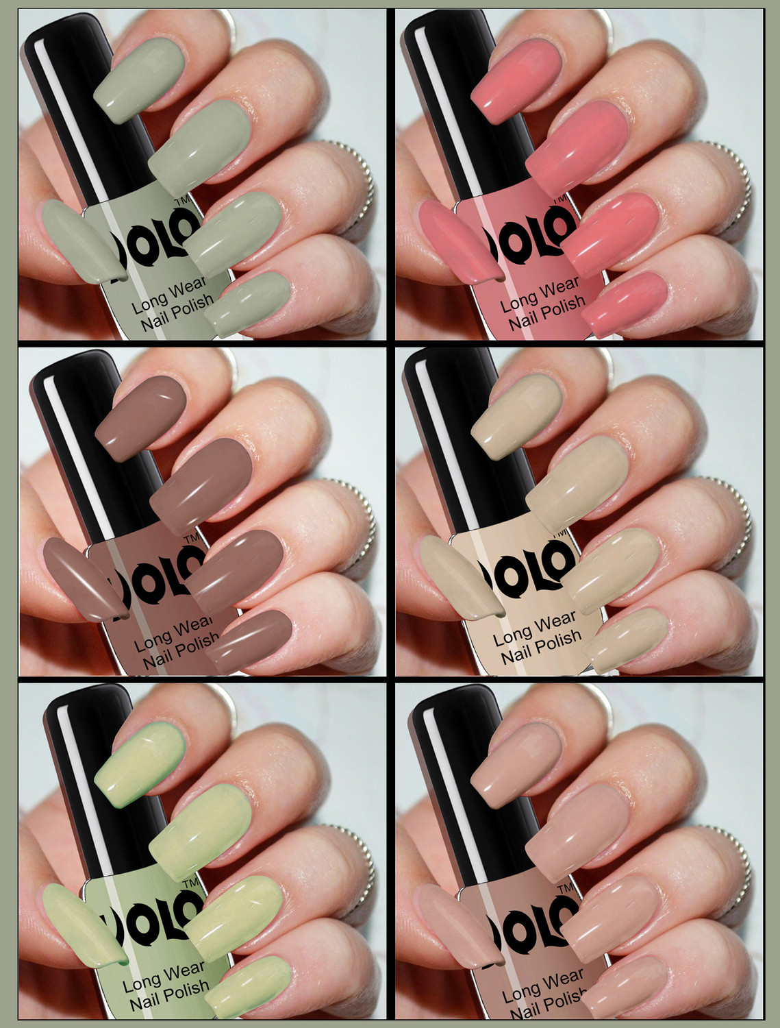 Image of Volo Color Rich Toxic Free Perfection Shine Nail Polish Set of 6 VT-005 Olive Nude, Pink, Nude, Dark Nude, Nude, Mischievous Mint