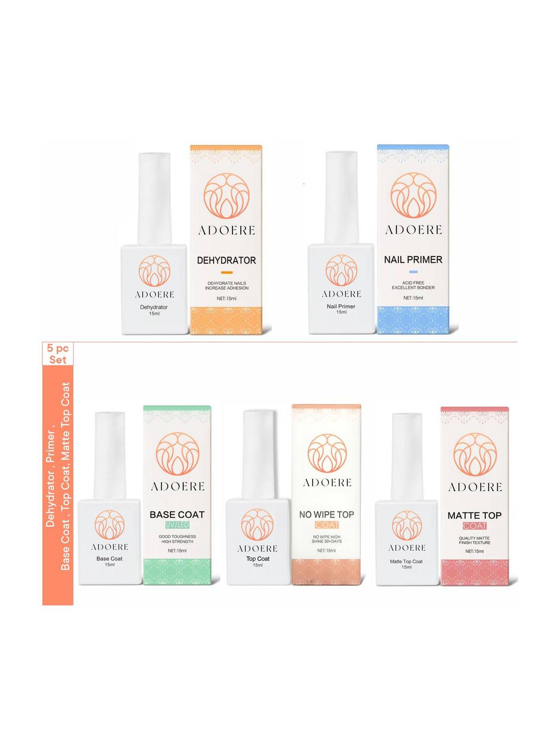 Adoere Combo Kit UV Top Coat Gloss & Matte, Base Coat, Primer,Dehydrator 15ml Each Pack Nail Art Design Manicure Gifts for Women, Transparent, 5 Pcs Combo