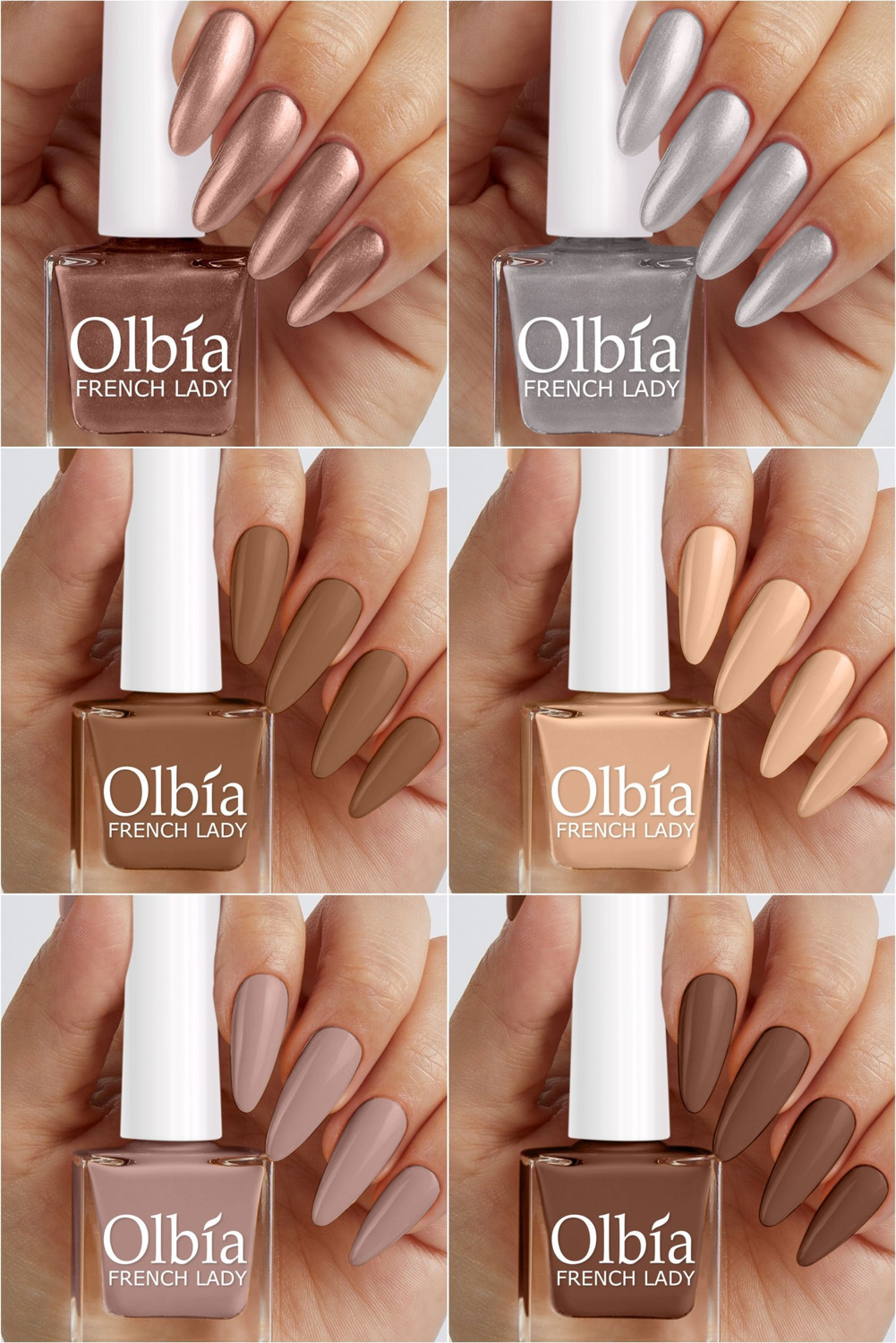 Image of Olbia Best Affordable Gloss Nail Polish Combo 6 Pcs Nude, Mauve, Gold, Silver, Dark Chocolate, Mouse Brown