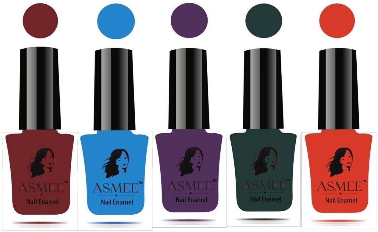 Asmee Premium Gel Nail Polish Combo of 5 Rich Ruby, Aqua Marine, Amethyst, Forest Green, Orange Crush