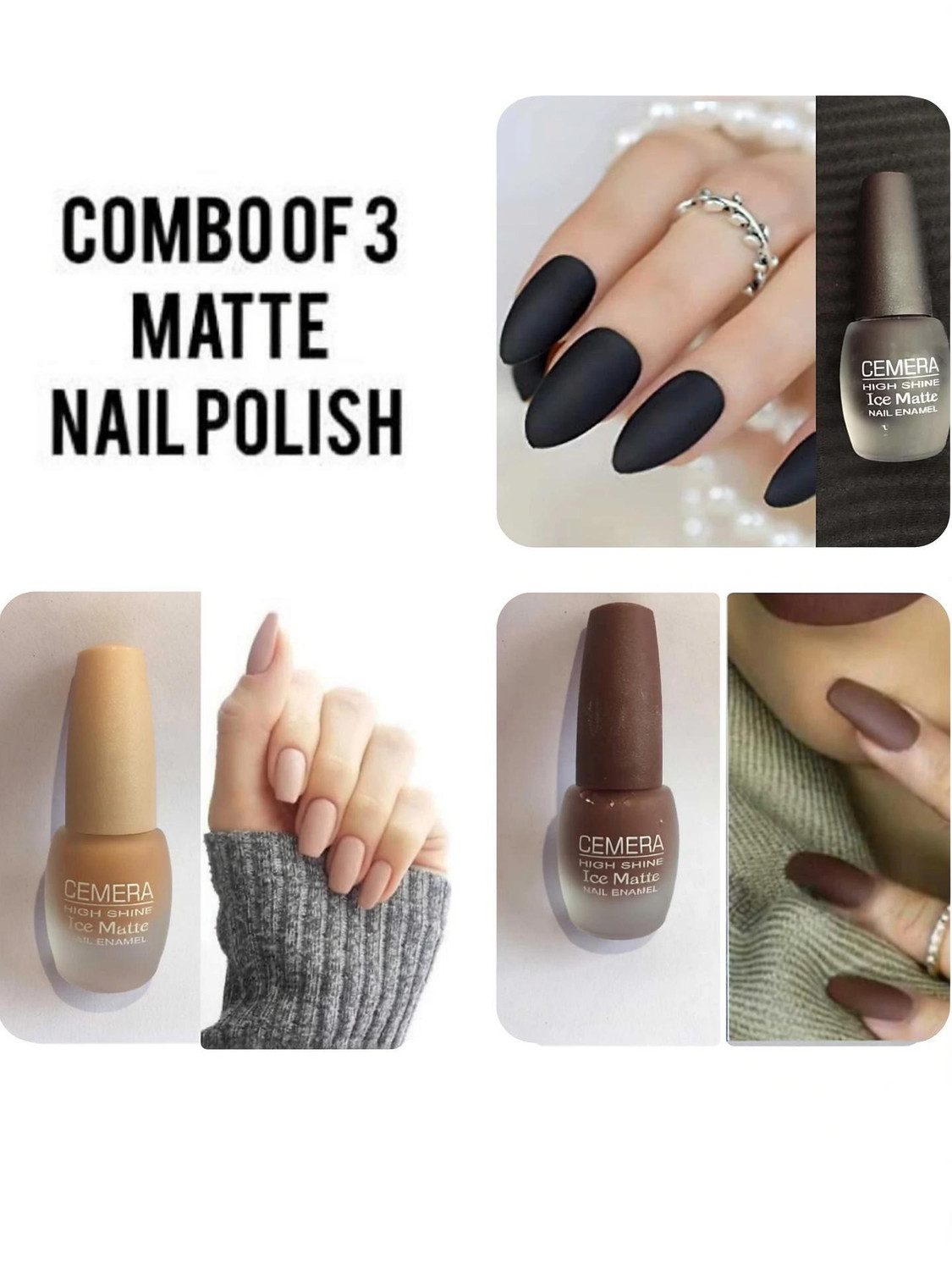 Cemera Ice Matte Toxic Free Nail Polish Combo of 3 Black, Nude, Brown