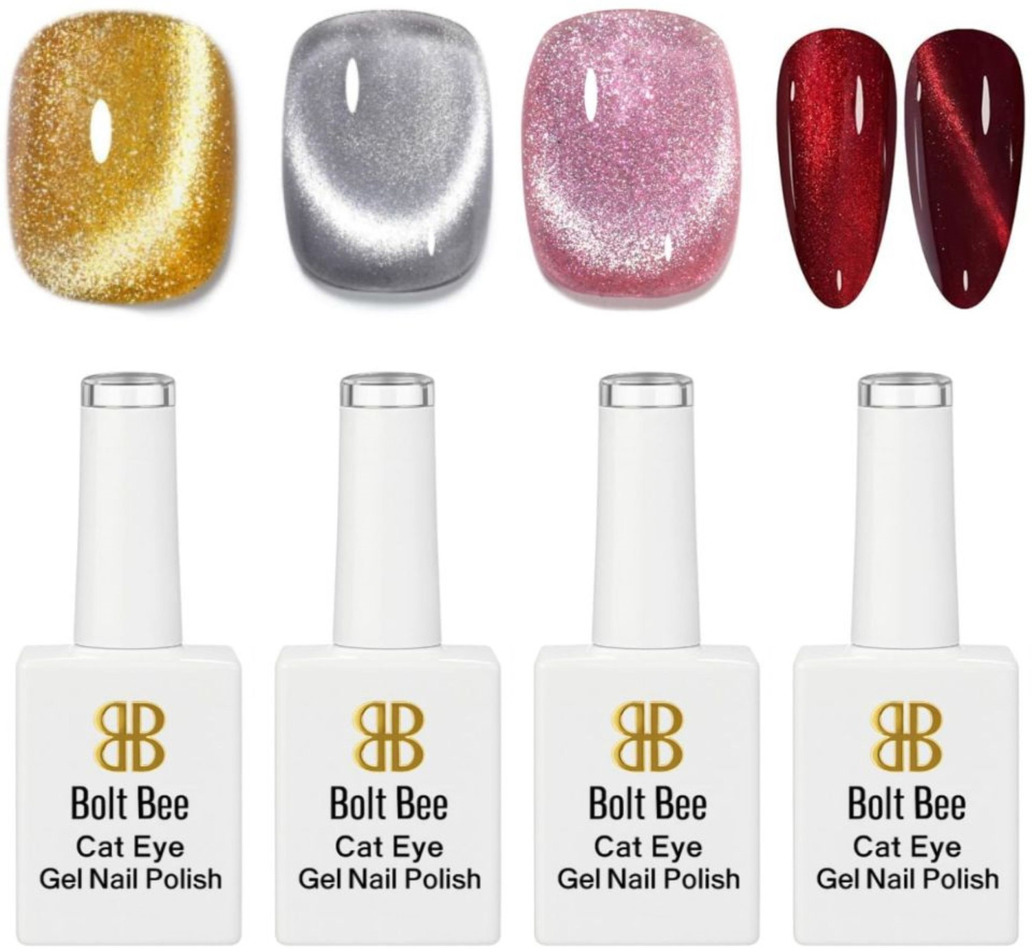 Image of BOLT BEE 4 Pcs Each 9 ml Cat Eye Gel Polish Gold, Silver, Rose Gold & Red (Pack of 4)