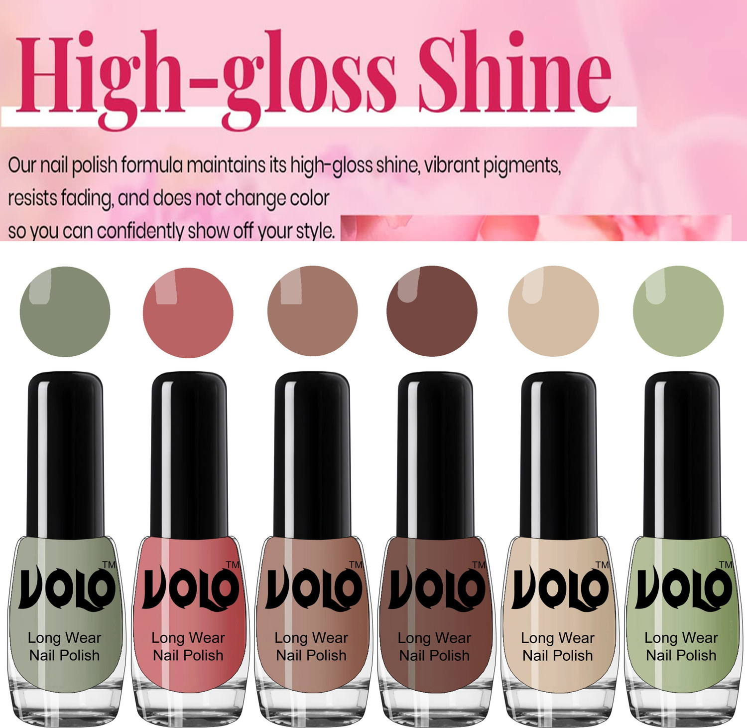 Image of Volo Color Rich Toxic Free Perfection Shine Nail Polish Set of 6 VT-005 Olive Nude, Pink, Nude, Dark Nude, Nude, Mischievous Mint