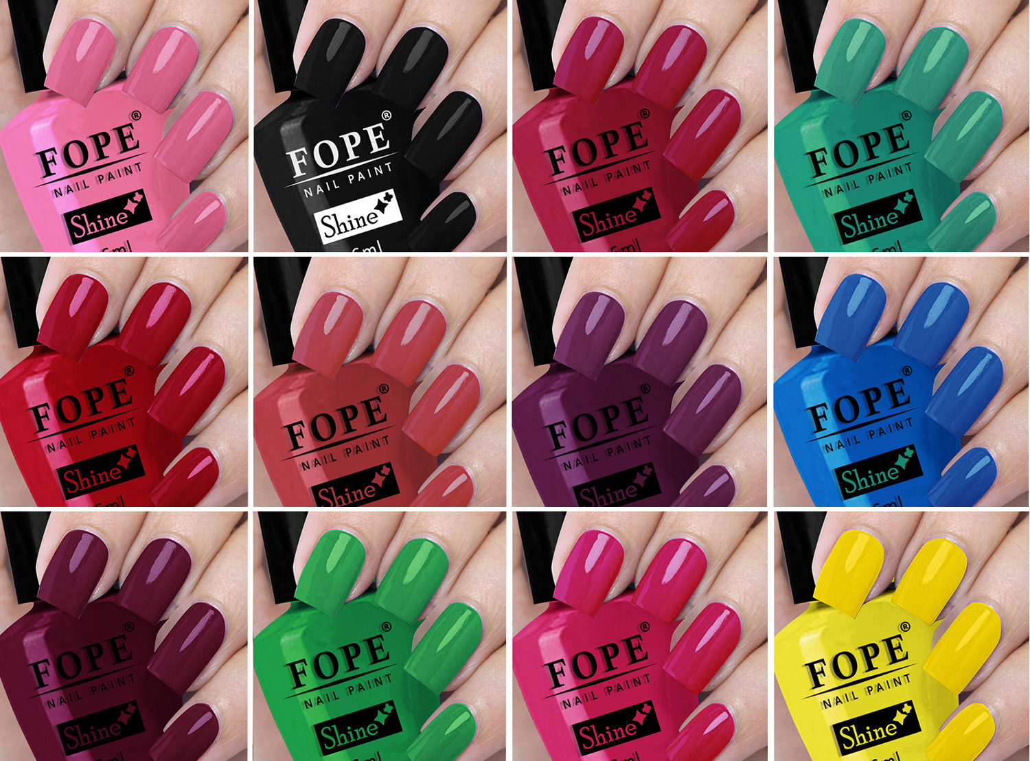 Image of FOPE High Pigment Shine Like Stars Nail Polish Set 6ml each Awesome Nail Paint Colours - Wine, Pink, Yellow, Magenta, Brown, Maroon, Black, Pinkish Nude and Many More Wine, Pink, Yellow, Magenta, Brown, Maroon, Black, Pinkish Nude and Many More