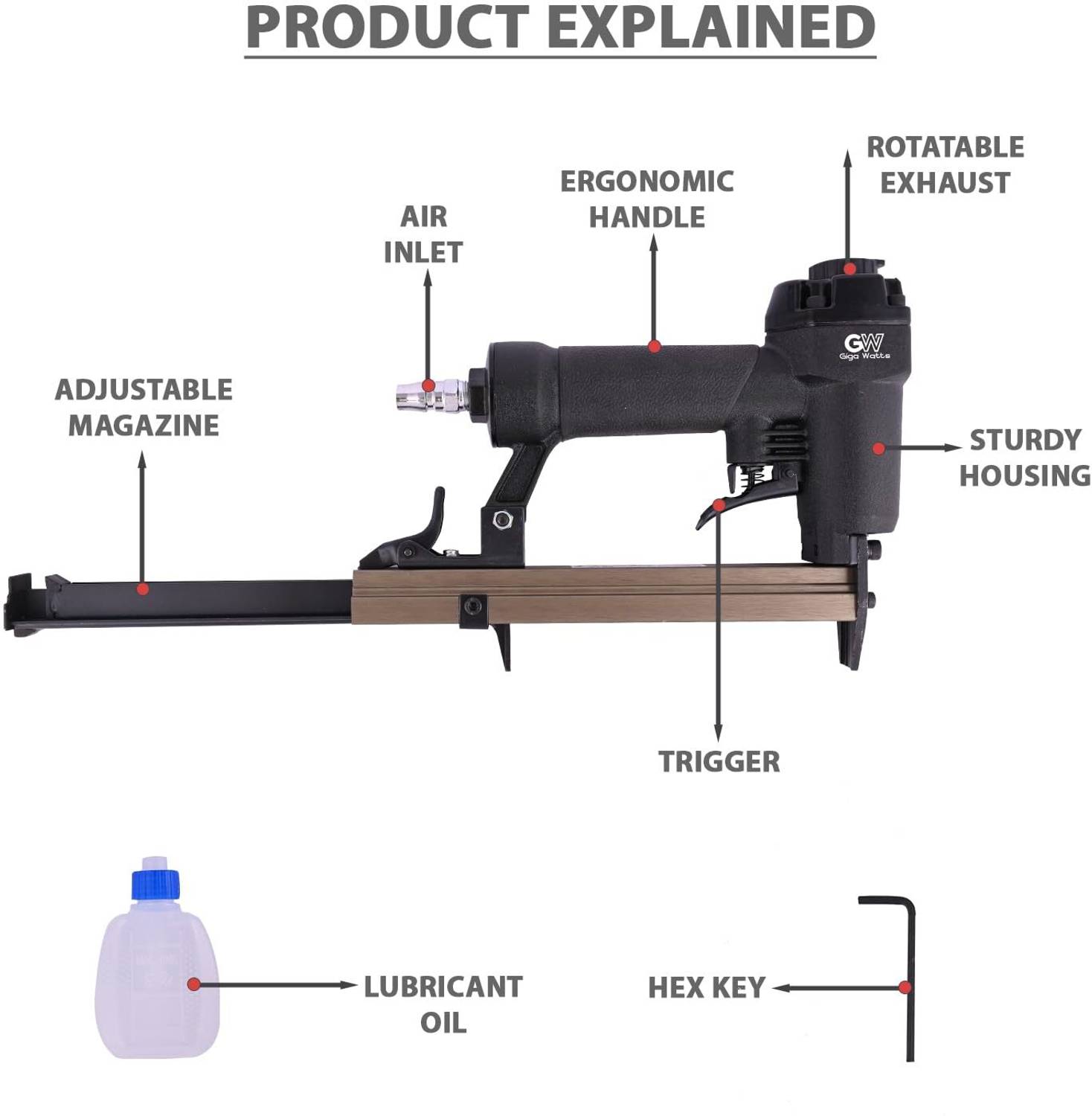 CTS 8016 Pneumatic Upholstery Staple Gun - 21 Gauge 80 Series, 1/2" Crown, 1/4" To 5/8" Staples, Air Stapler For Furniture & Interior Decoration