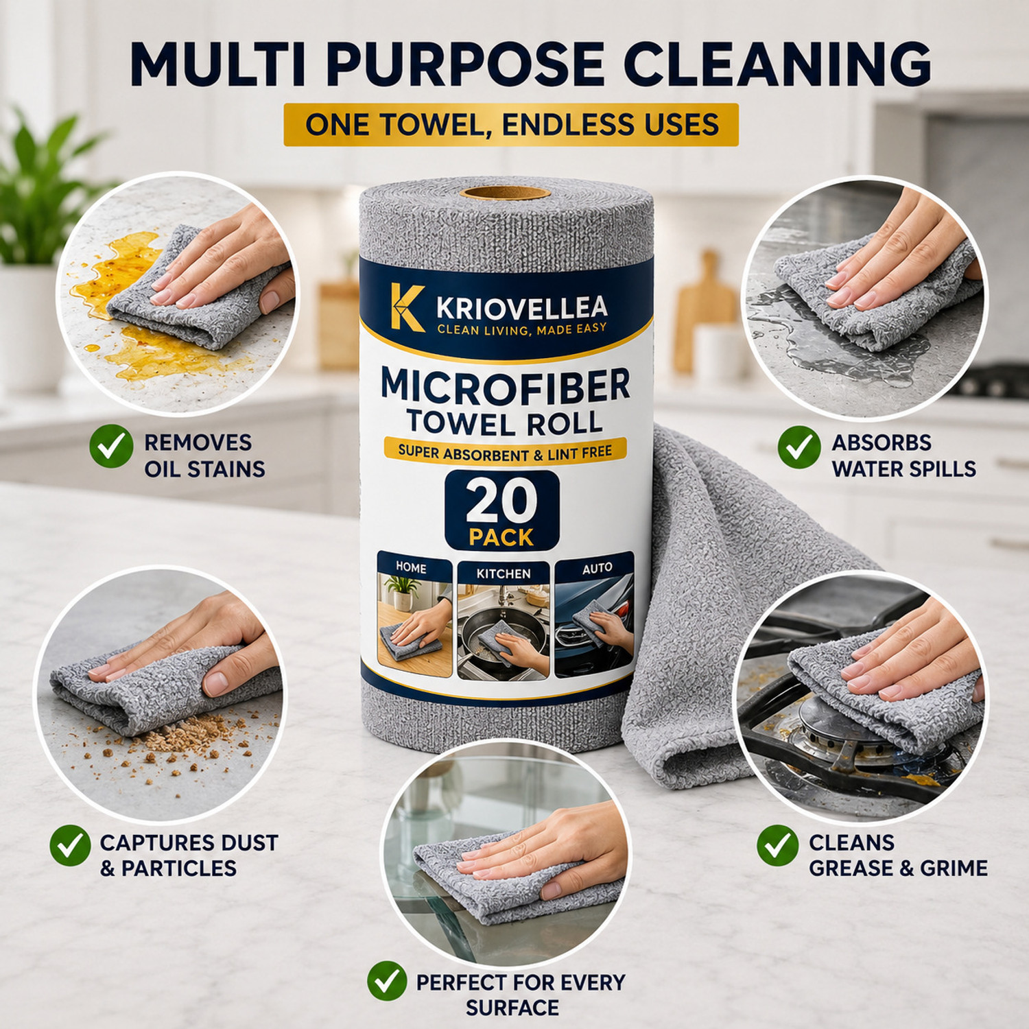 Image of KRIOVELLEA Microfiber Cleaning Cloth Roll 20 Pack Grey Cloth Napkins