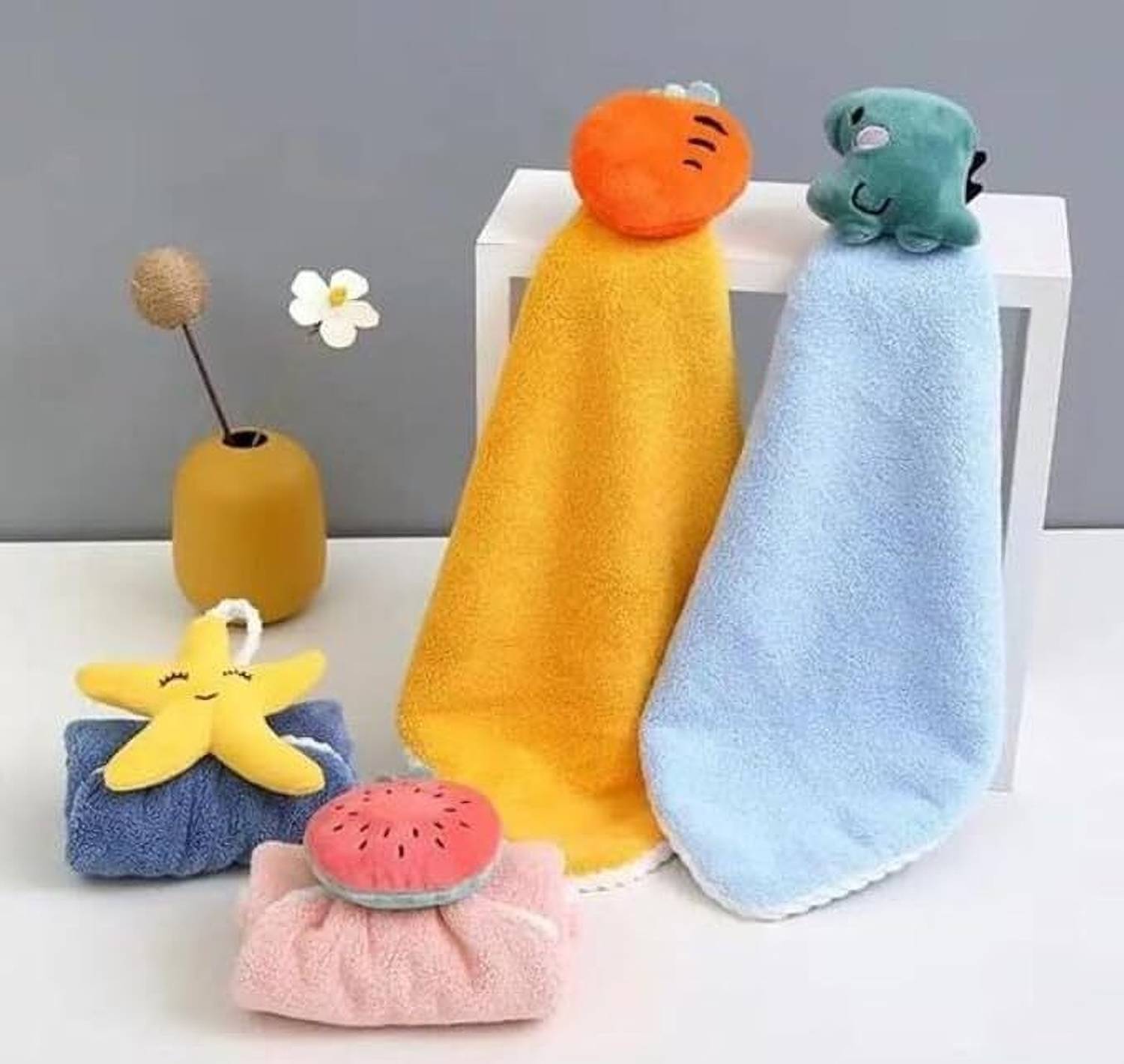 AURAFINE Cute Cartoon Hanging Hand Towels for Kids & Kitchen (Set of 3) Multicolor Cloth Napkins