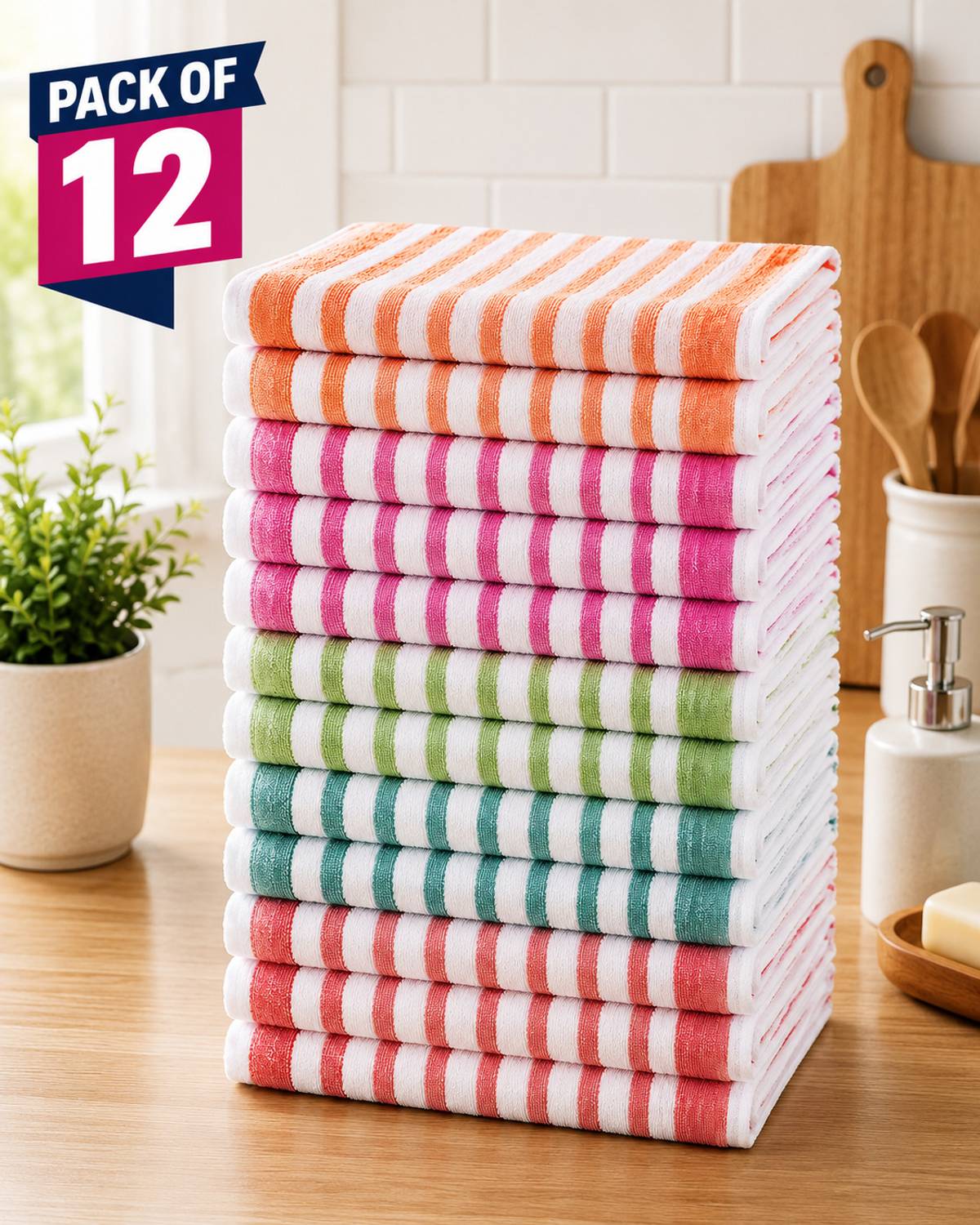 BTC Colourful Striped Terry Cotton Kitchen Napkin Set of 12 | Medium Size 10x16 Inch Multicolor Cloth Napkins