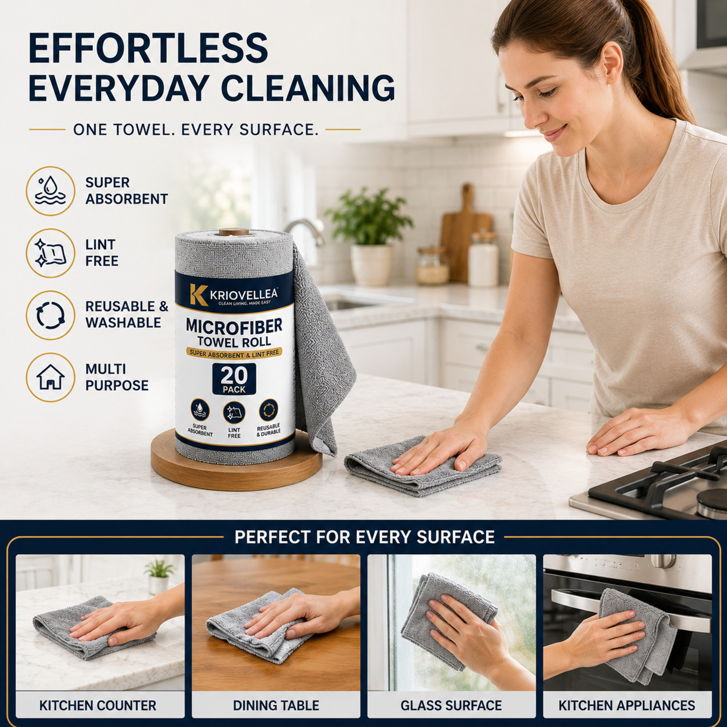 Image of KRIOVELLEA Microfiber Cleaning Cloth Roll 20 Pack Grey Cloth Napkins