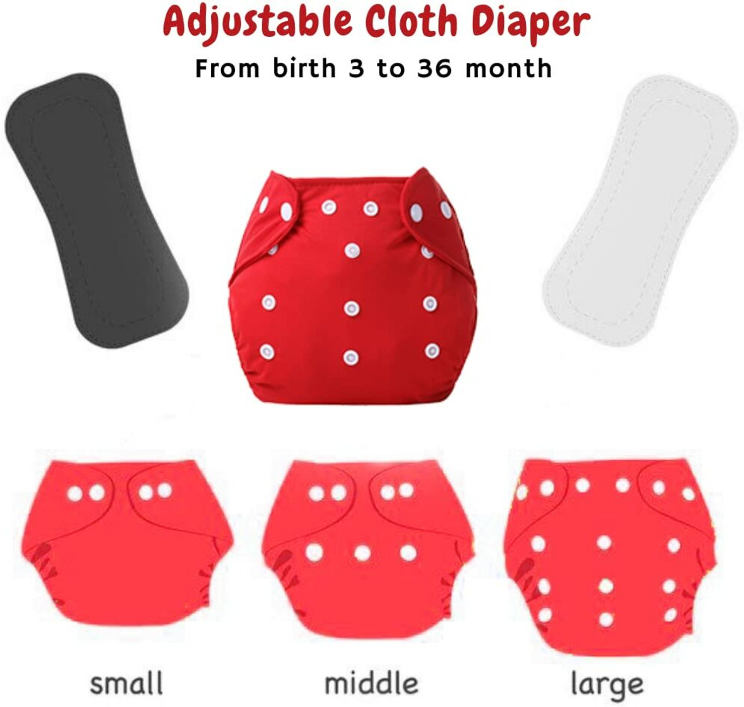 Image of ZIIFOX 100% Cloth Diaper for Babies (0-3 years) with White Insert Pads Reuseable(Red) Pant Diapers - S - M