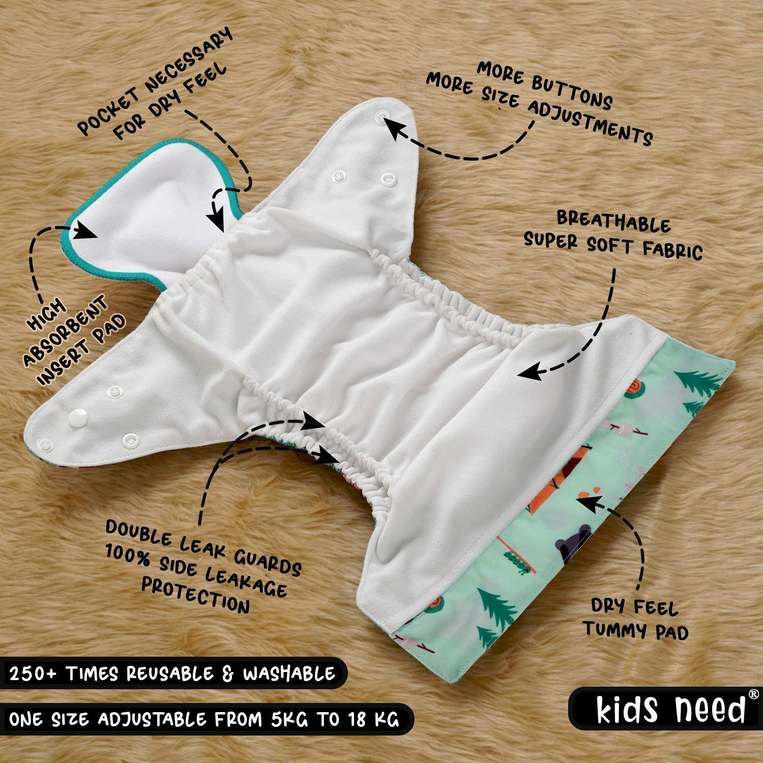 Image of kids need 2 Leak-Proof cloth diapers for baby | washable, Reusable diaper Adjustable 3M-3Y