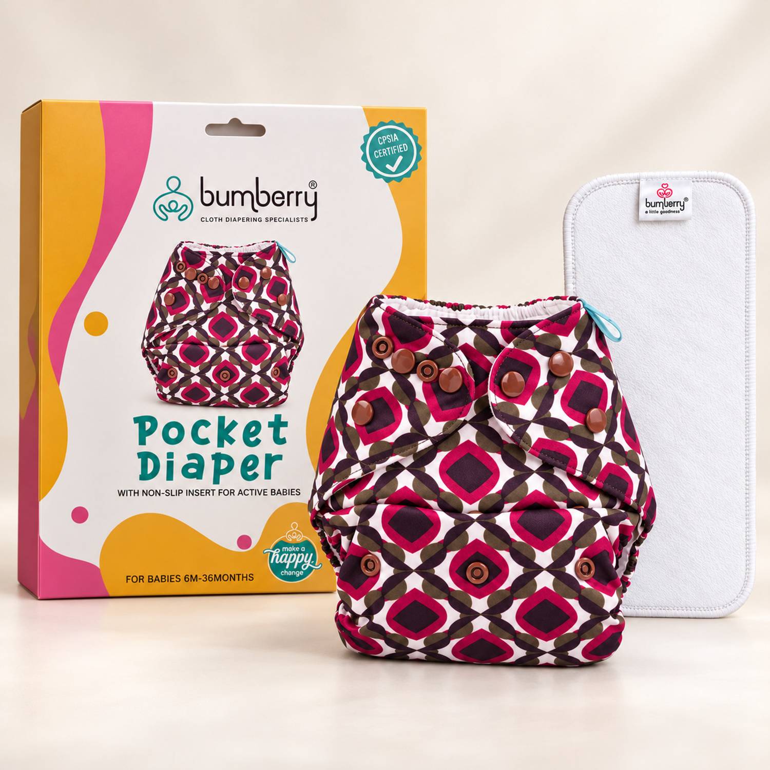 bumberry Abstract Print Reusable Pocket Adjustable Cloth Diaper With 1 Microfiber Insert For Babies (3-36 Months)
