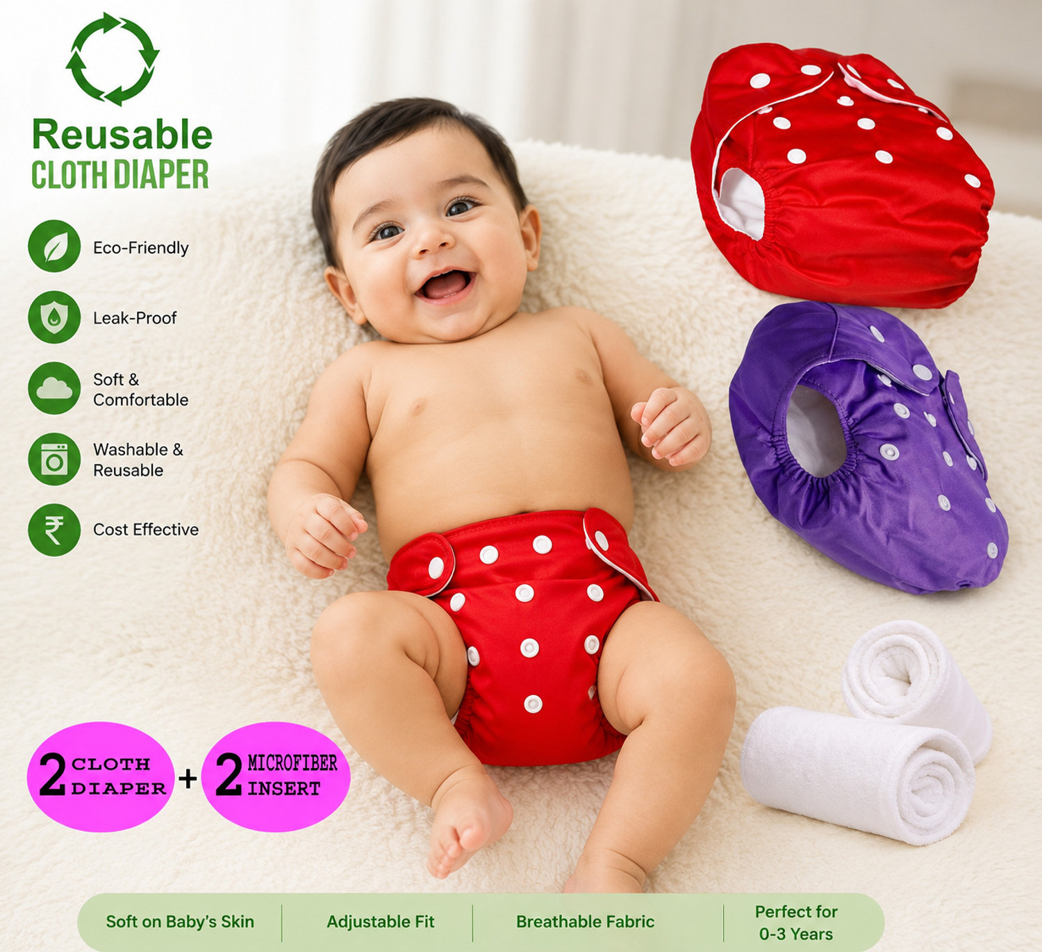 Image of chhotu care Reusable Baby Cotton Cloth Diapers - Adjustable & Washable For 0-3 years Baby