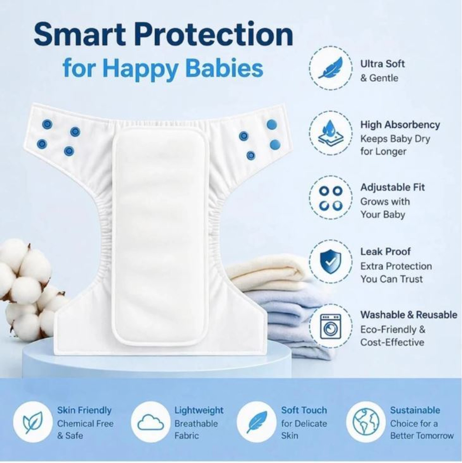 Image of chhotu care Reusable Baby Cotton Cloth Diapers - Adjustable & Washable For 0-3 years Baby