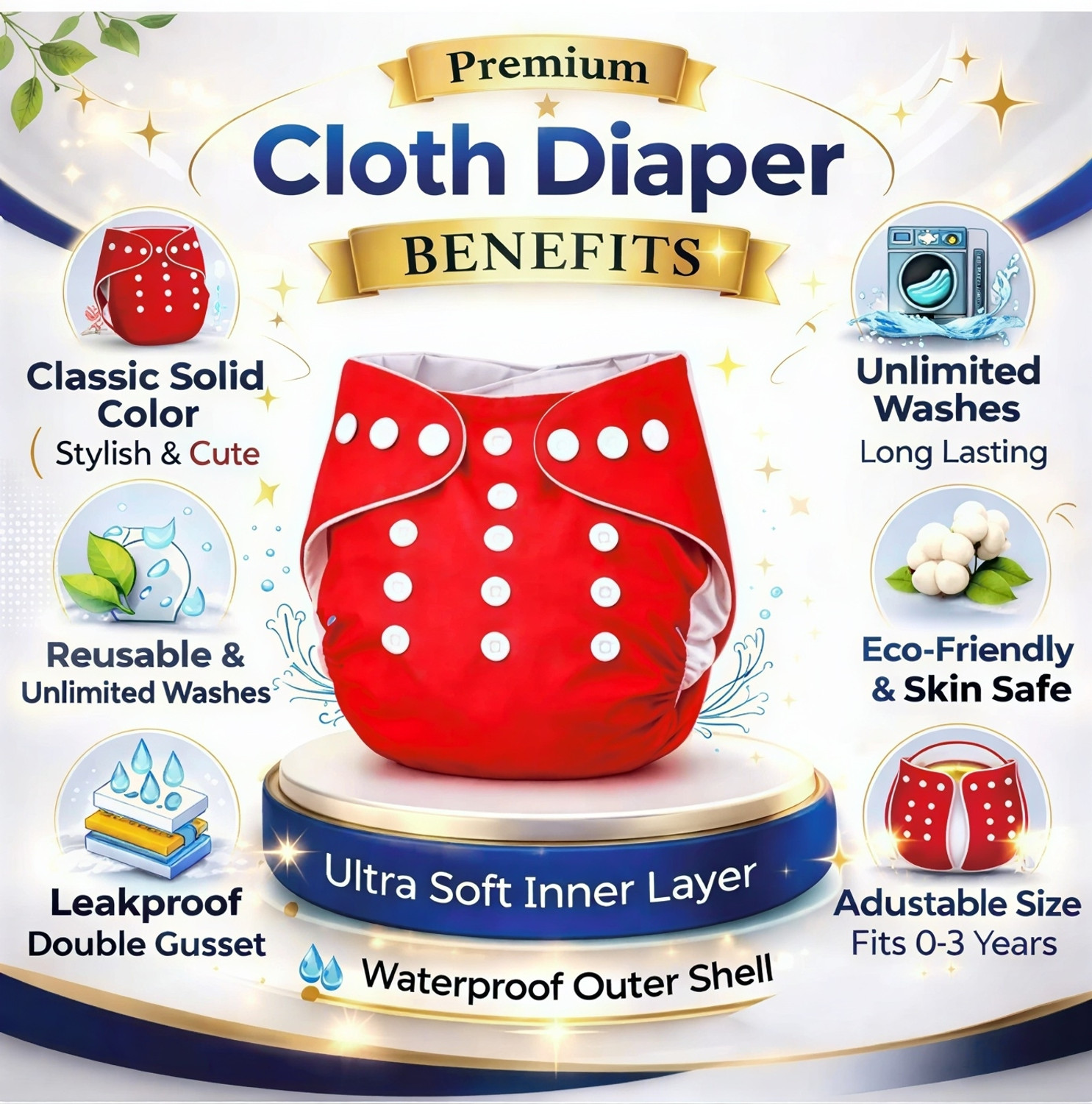 Image of holdex Reusable Baby Cloth Diaper Pack of 5 with 5 Inserts (0-3 Years) | Multicolor