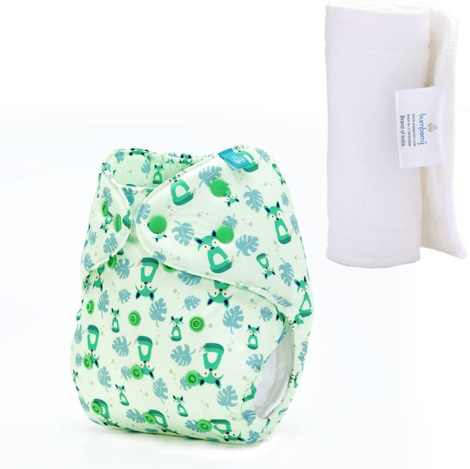 bumberry Adjustable Blue Green Reusable Cloth Diaper Cover With 1 Wet Free Inserts For Babies (3-36 Months)