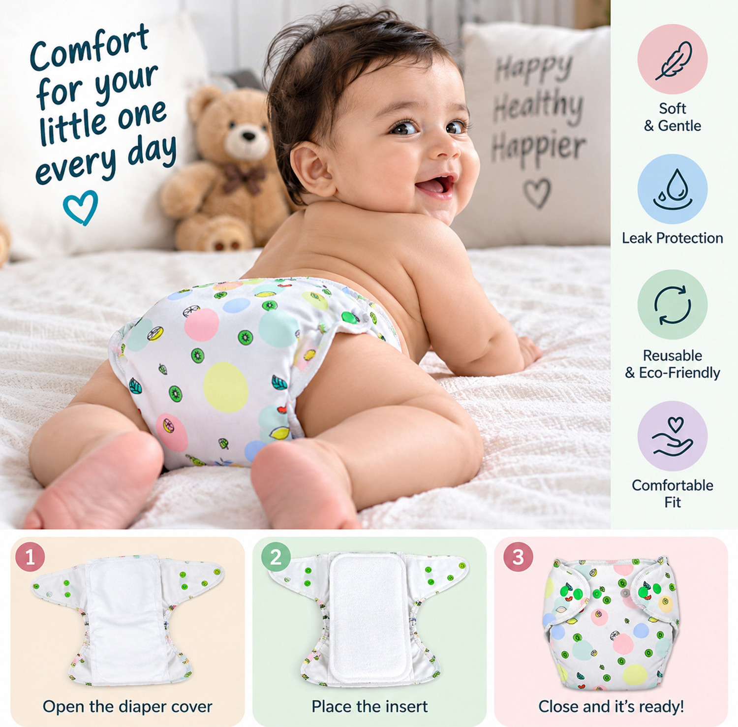Image of bumberry Baby Smart Nappy Reusable & Adjustable Cloth Diaper For Newborn (4-9 Months)