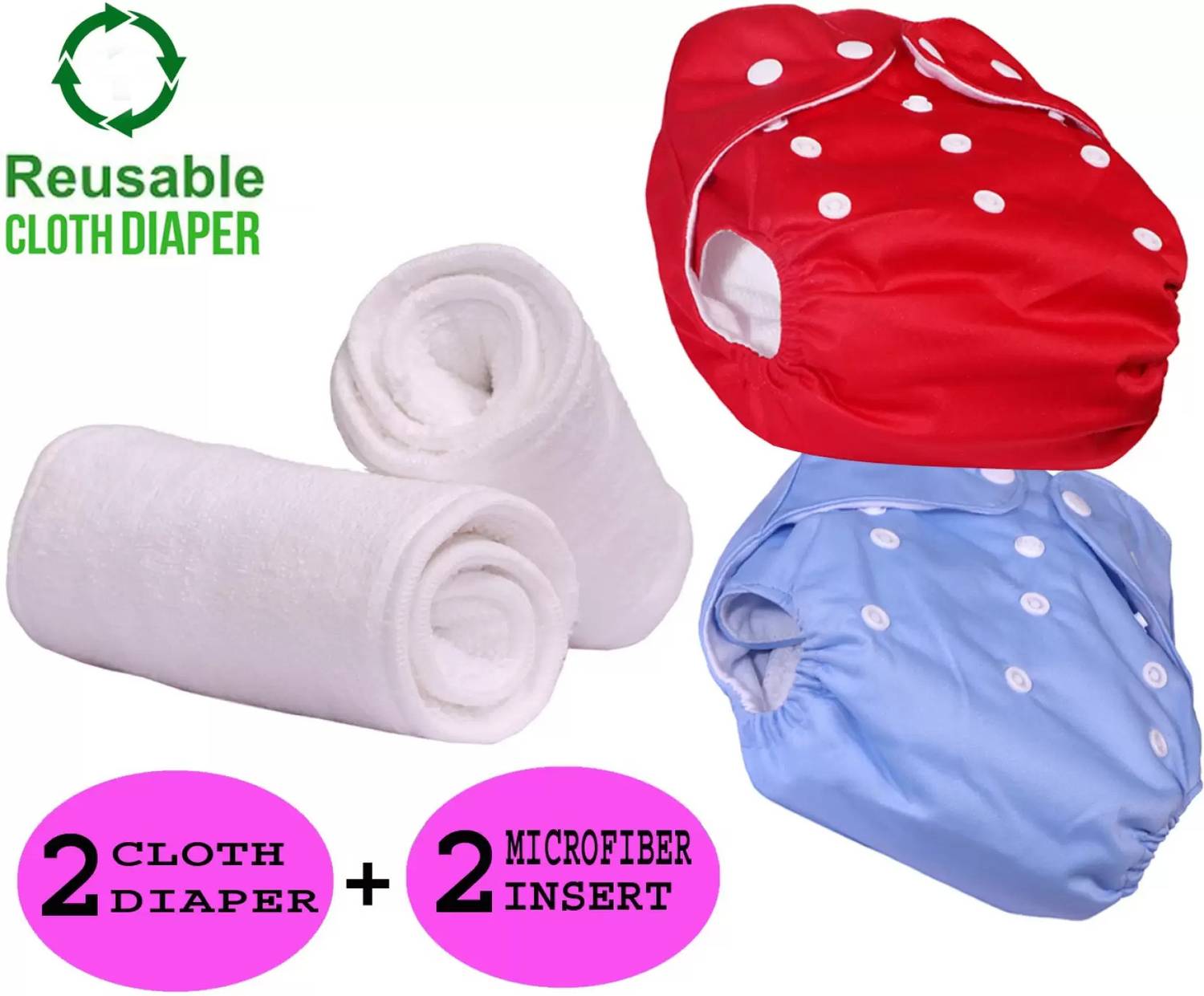ZenAura Washable & Waterproof Nappy 2+2 Inserts Combo Size Adjustable For 0-30 Months.