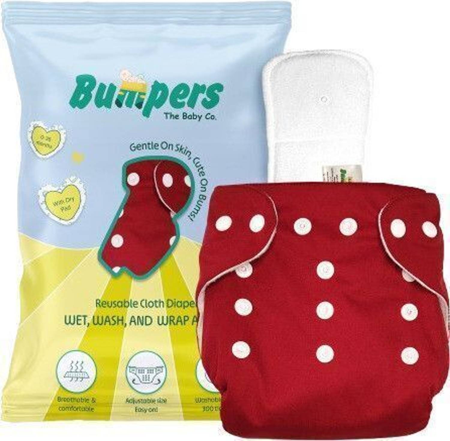 Bumpers The Baby Co. Reusable Baby Cloth Diaper with Insert Pad – Leakproof, Washable, 3M–3Y (Red)