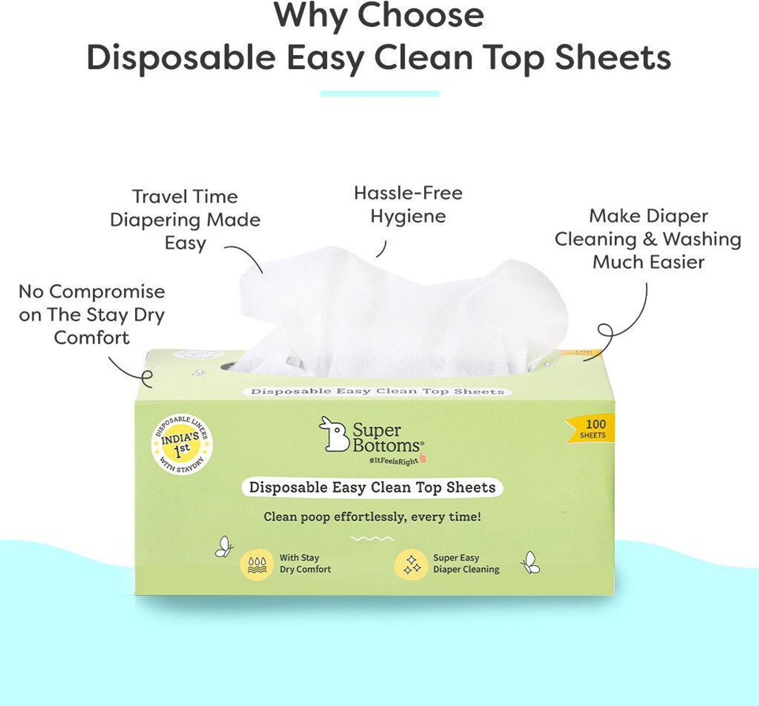Image of Superbottoms Disposable Easy Clean Top Sheets |Diaper Liners |Hypoallergenic |Pack of 100 * 3