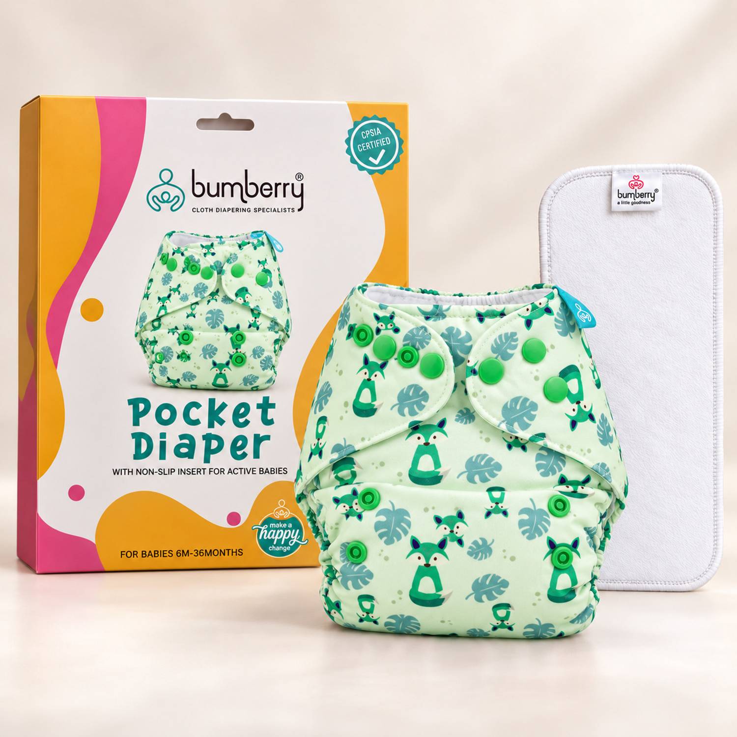 bumberry Adjustable Reusable Cloth Pocket Diaper With 1 Three-Layer Microfiber Inserts For Babies (Fuzzy fox 3-36 Months)