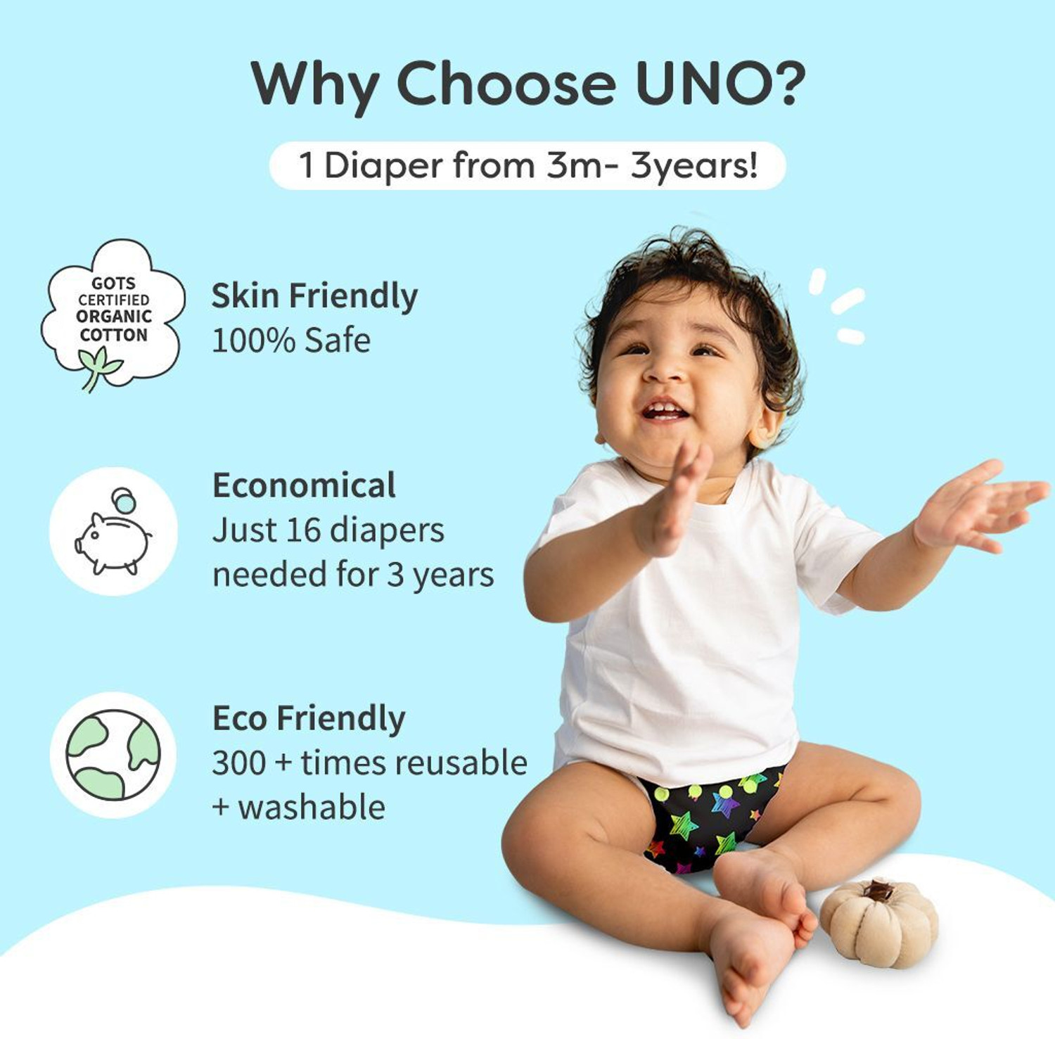 Image of Superbottoms Reusable Cloth Diapers for babies Starter Cloth Diaper Pack with 1 Freesize UNO