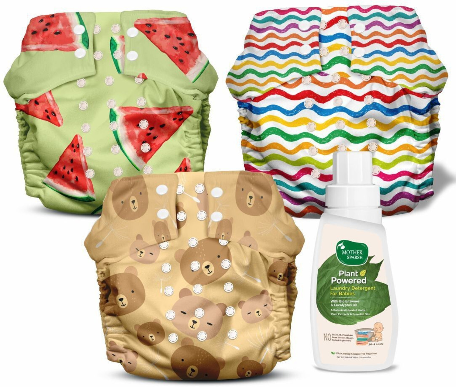 Image of Mother Sparsh Nappers Pack of 3 Cloth Diaper+Soaker Pads With Baby Detergent 200ml-(MM+TT+RR)