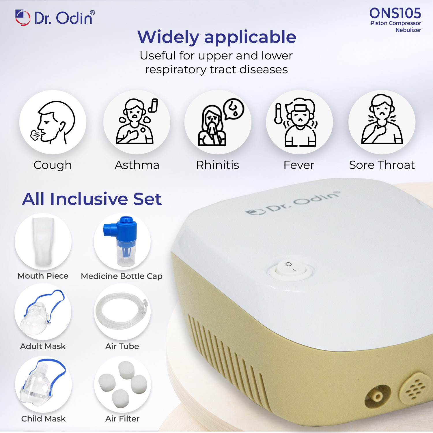 Image of Dr. Odin ONS-105 Piston Compressor Nebulizer Complete Kit with Child and Adult Mask Nebulizer