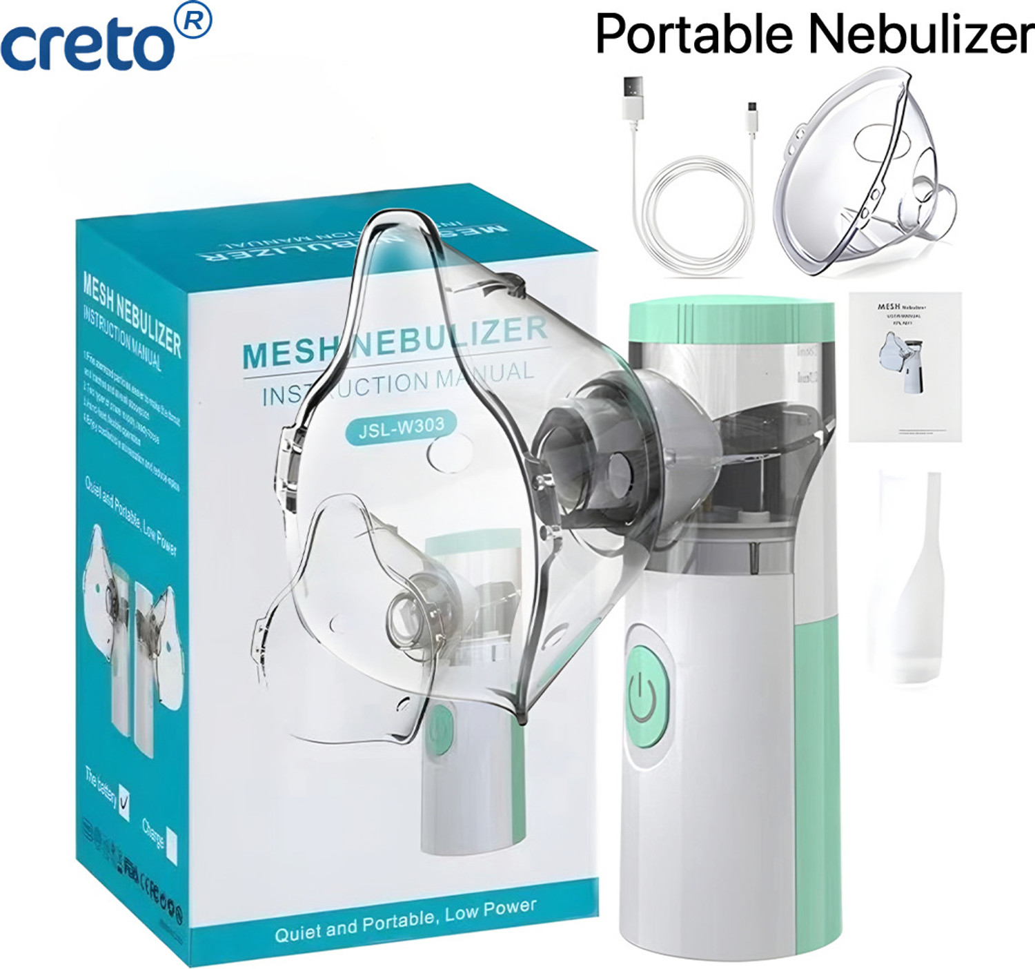 Image of CRETO JSL-4W303, Portable Handheld Mesh Nebulizer Machine for Adults /Kids- Nebulizer (White, Green)