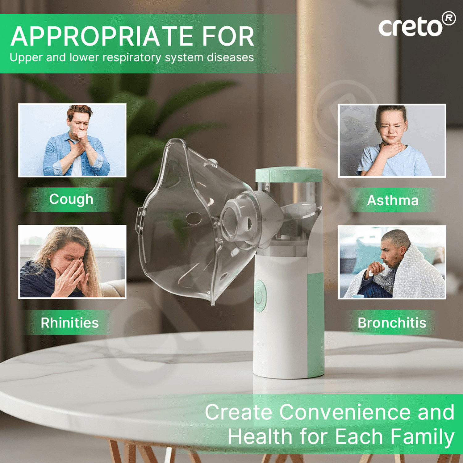 Image of CRETO JSL-4W303, Portable Handheld Mesh Nebulizer Machine for Adults /Kids- Nebulizer (White, Green)