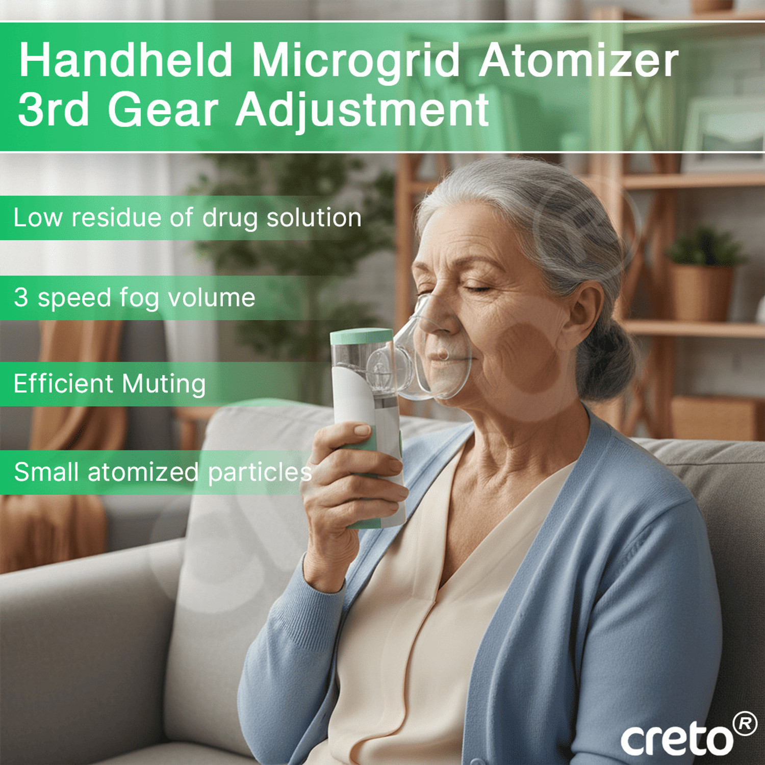 Image of CRETO JSL-4W303, Portable Handheld Mesh Nebulizer Machine for Adults /Kids- Nebulizer (White, Green)
