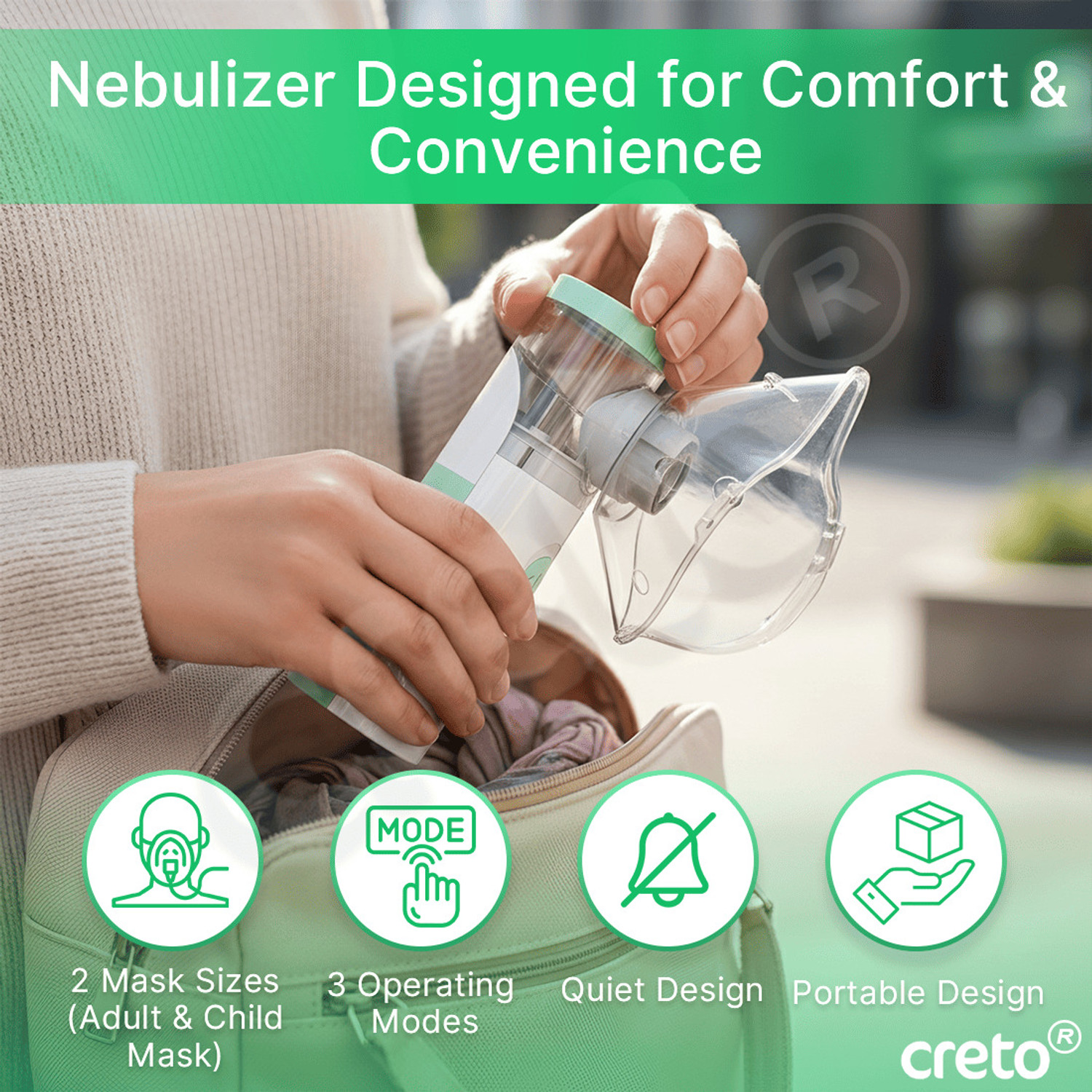 Image of CRETO JSL-4W303, Portable Handheld Mesh Nebulizer Machine for Adults /Kids- Nebulizer (White, Green)