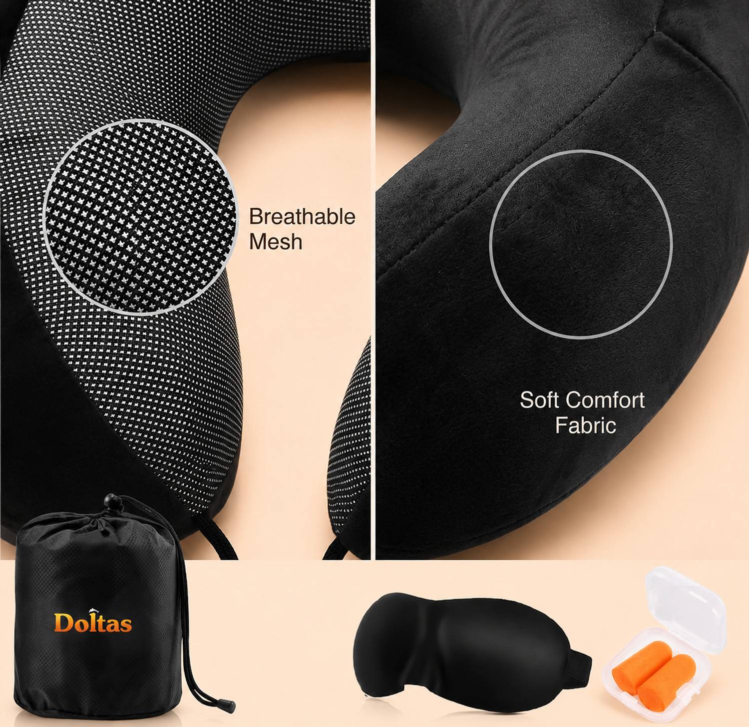 DOLTAS Memory Foam Travel Neck Pillow with Eye Mask & Ear Plugs - Image 3