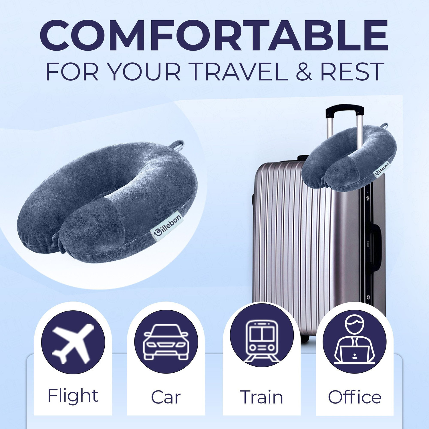 Image of Billebon Premium Fiber Travel Adjustable 360 Degree Support Headrest Airplane Neck Pillow & Eye Shade