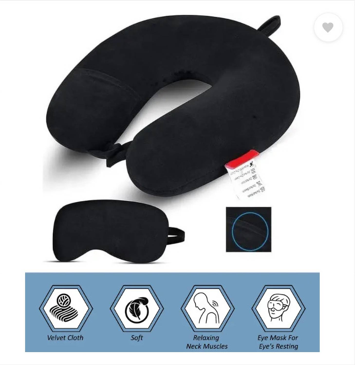 त्यागीकलेक्शन U Shape Neck Pillow with Eye Mask (Black) - Image 2