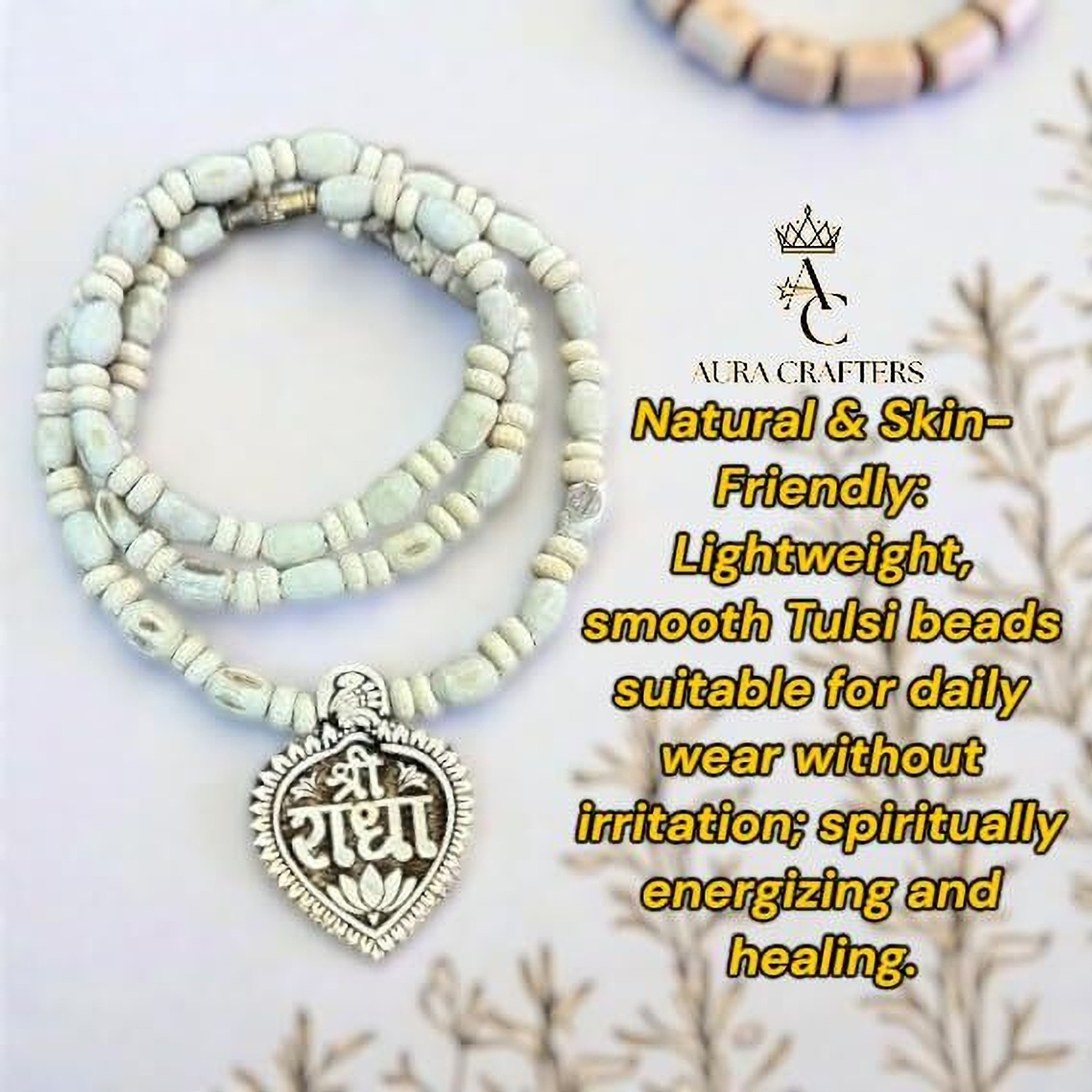 Image of Auracrafters Original Tulsi Mala with Shri Radha Name /Tulsi Beads for Neck, Men, Women Wood Necklace