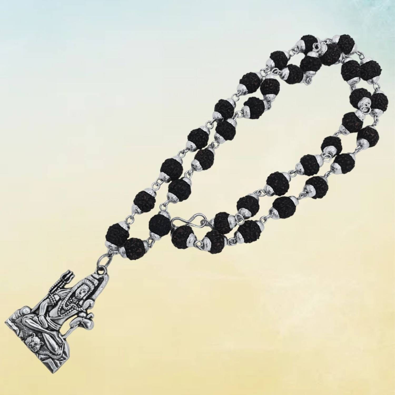 Banke Collection Most Demanded Bhagwan Shiv Dotted Locket Pendant With 5 Mukhi Rudraksha Mala Beads Silver Plated Brass, Wood Chain