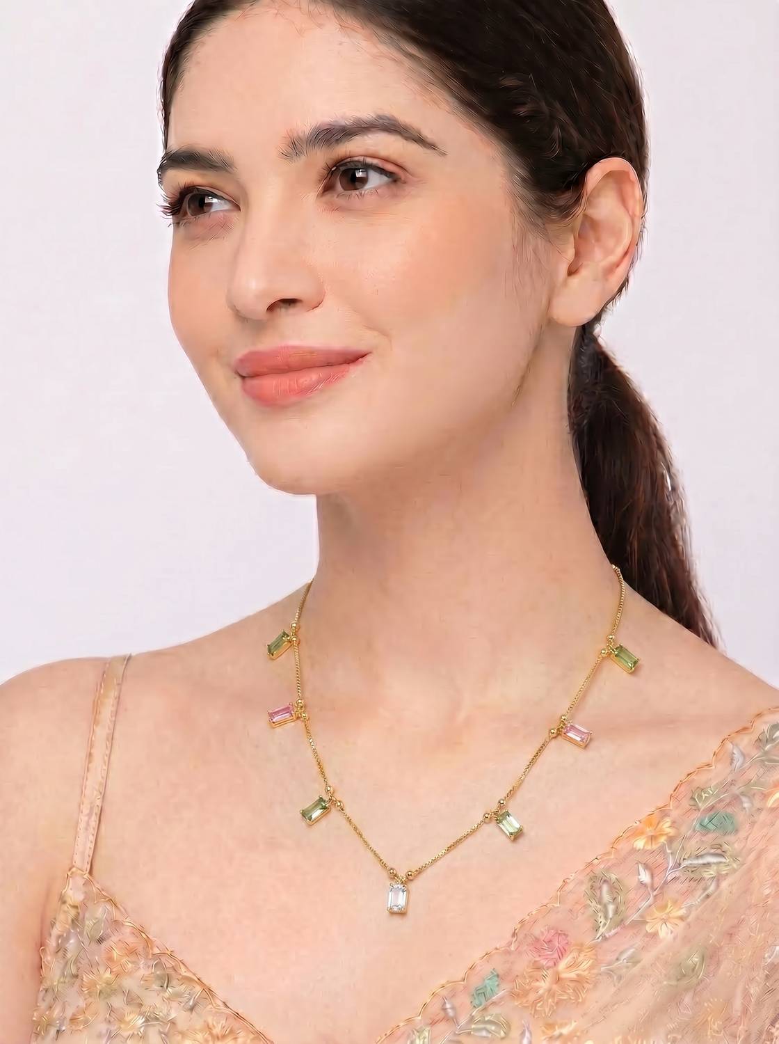 brado jewellery Pack of 1 Light Green & Baby Pink Baguette Shape Cubic Zirconia Ad Diamond Gold-plated Plated Brass Necklace