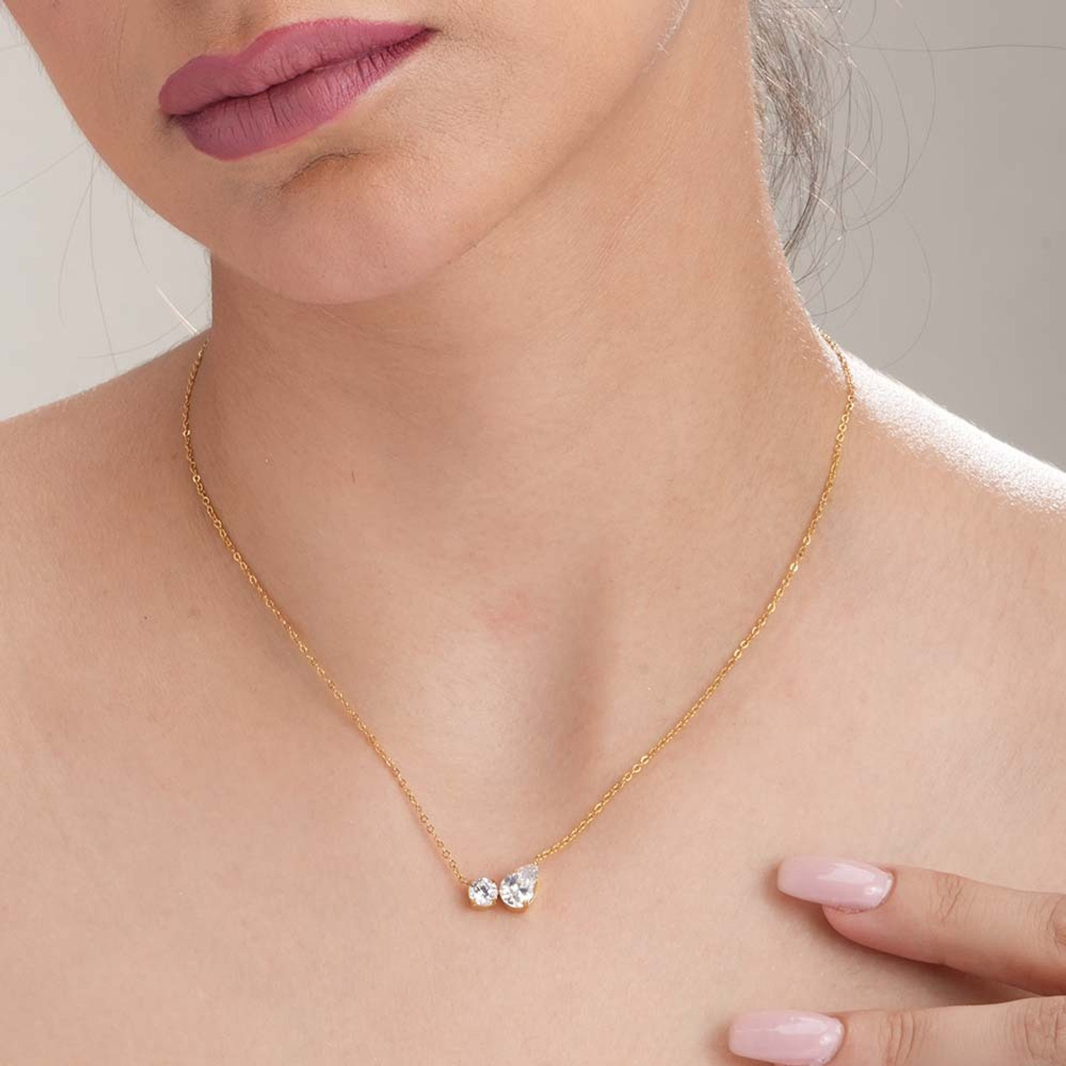 Image of PALMONAS Double Drop Delicacy Gold Chain Necklace for Women Cubic Zirconia Gold-plated Plated Stainless Steel Necklace