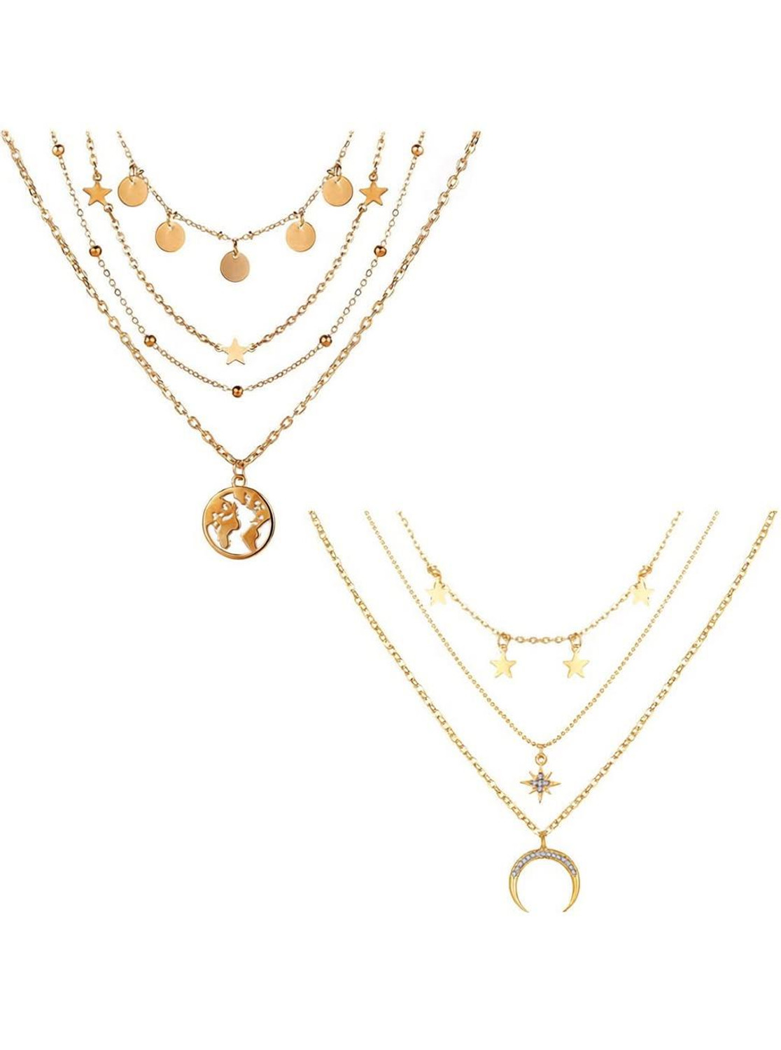 Image of Vembley Combo of 2 Golden Triple Layered Moon Star & Coin Star Earth Pendant Necklace Gold-plated Plated Alloy Layered