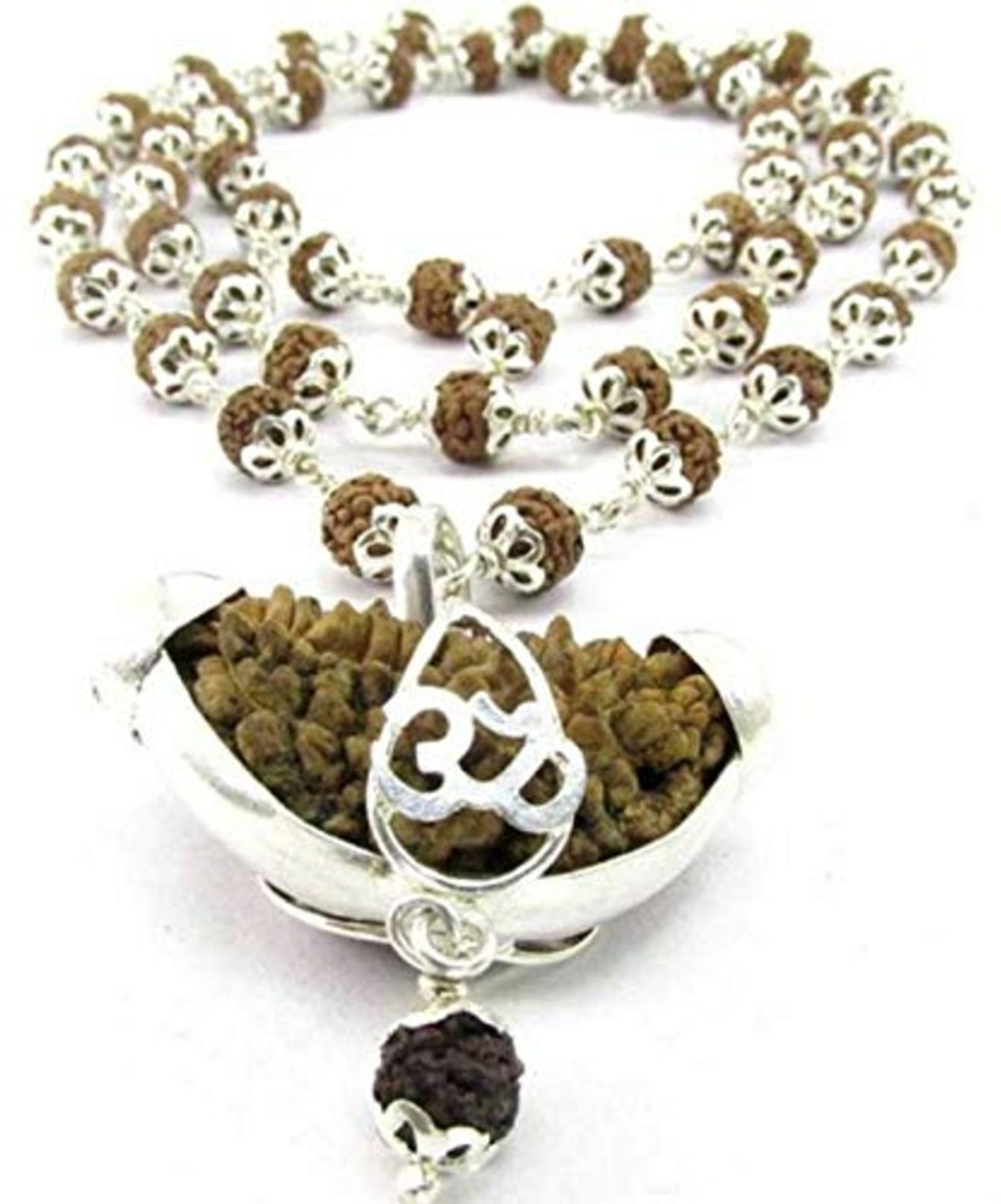 Image of RAM RATAN KENDRA 1 Mukhi + 5 Mukhi Rudraksha Silver Cap Mala(54+1 Beads) Silver Plated Rudraksha Chain