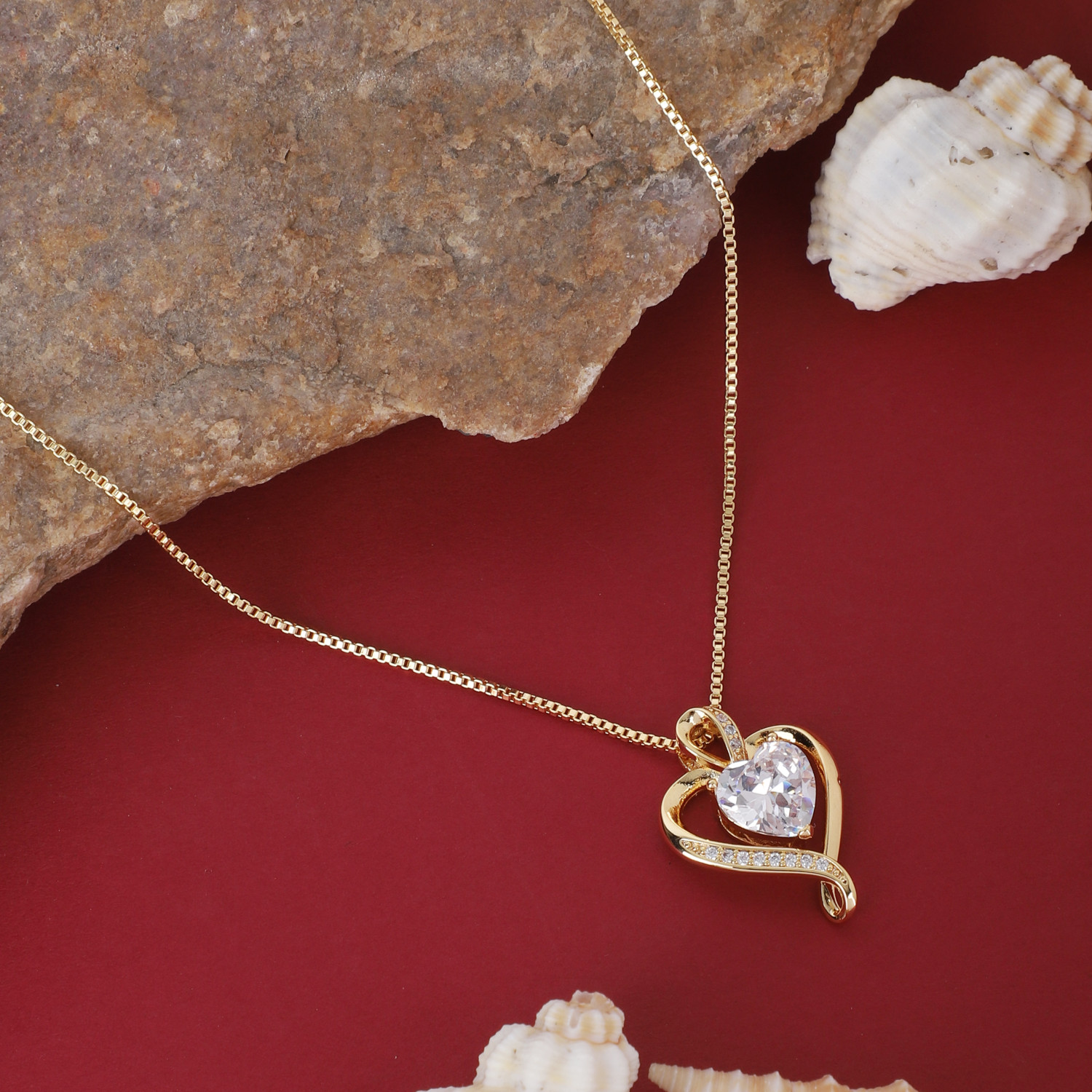 BISHTY Gold Heart Anti Tarnish Skin Safe |chain girls women|Gold Plated | Birthday Gift Cubic Zirconia Stainless Steel Chain Set