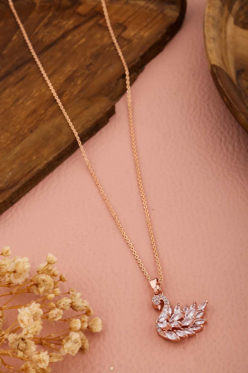 Image of Peprika Rose Gold Plated White crystal Stone Studed Swan Necklace For Girls and women Cubic Zirconia Rhodium Plated Alloy Chain Set