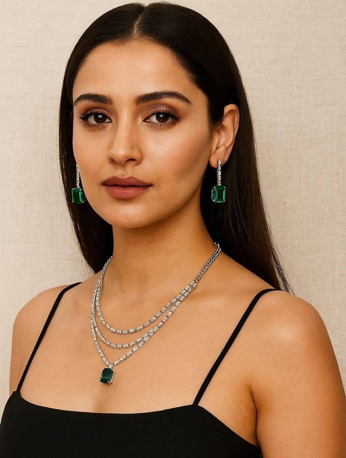 ALIZ FASHION ELEGANT SILVER A.D NECELACE SET GREEN STONE FOR WOMENS AND GIRLS Cubic Zirconia Silver, Rhodium, Platinum Plated Silver, Oxidised Silver, Sterling Silver, Alloy Necklace