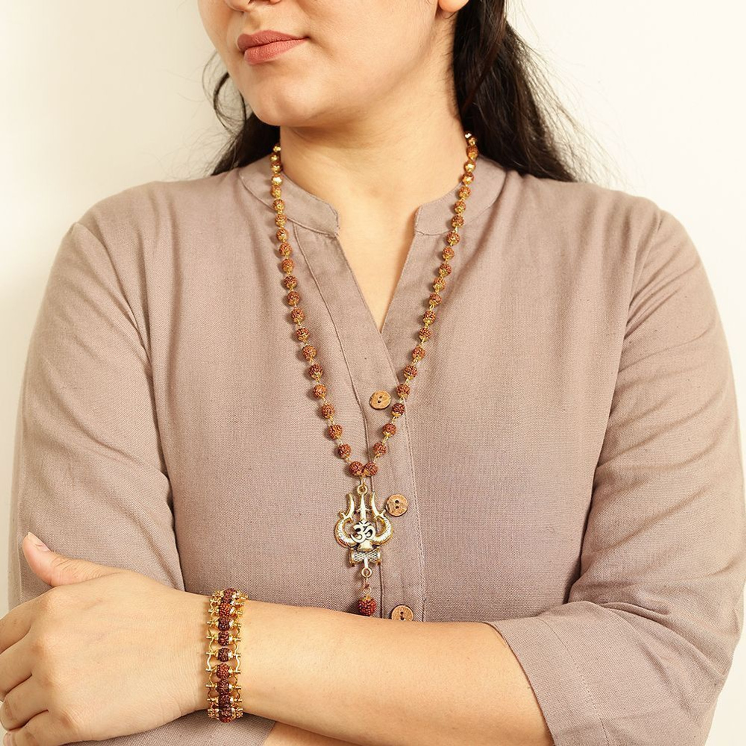Image of DIVINE HINDU Gold Plated Om Shiva 54 Bead Trishool Necklace | Rudraksha Brown Bracelet Combo Gold-plated Plated Wood Necklace