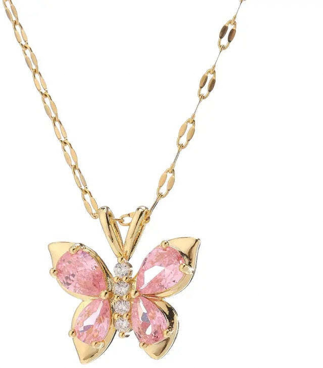 Image of XAYAH Anti Tarnish Gold Plated Pink Butterfly Pendant Dailywear Necklace Crystal Gold-plated Plated Stainless Steel Necklace