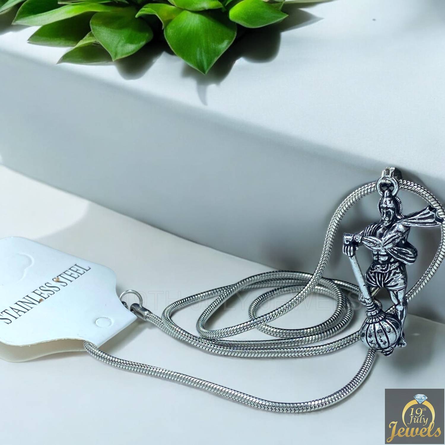 ADF ADF-Stainless Steel Silver Plated Hanuman Gada Locket with Chain for Men Silver Plated Metal, Stainless Steel Necklace