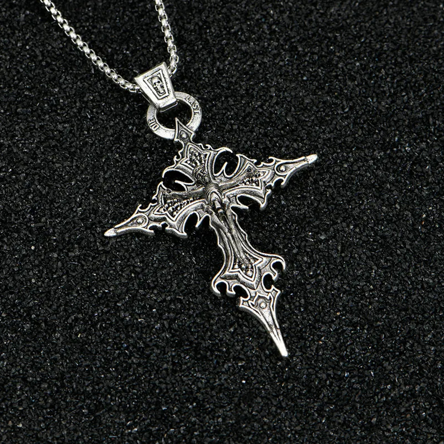 Image of PIXFLIK Fashionable Retro Cross Skull Pendant Necklace Alloy Necklace Set