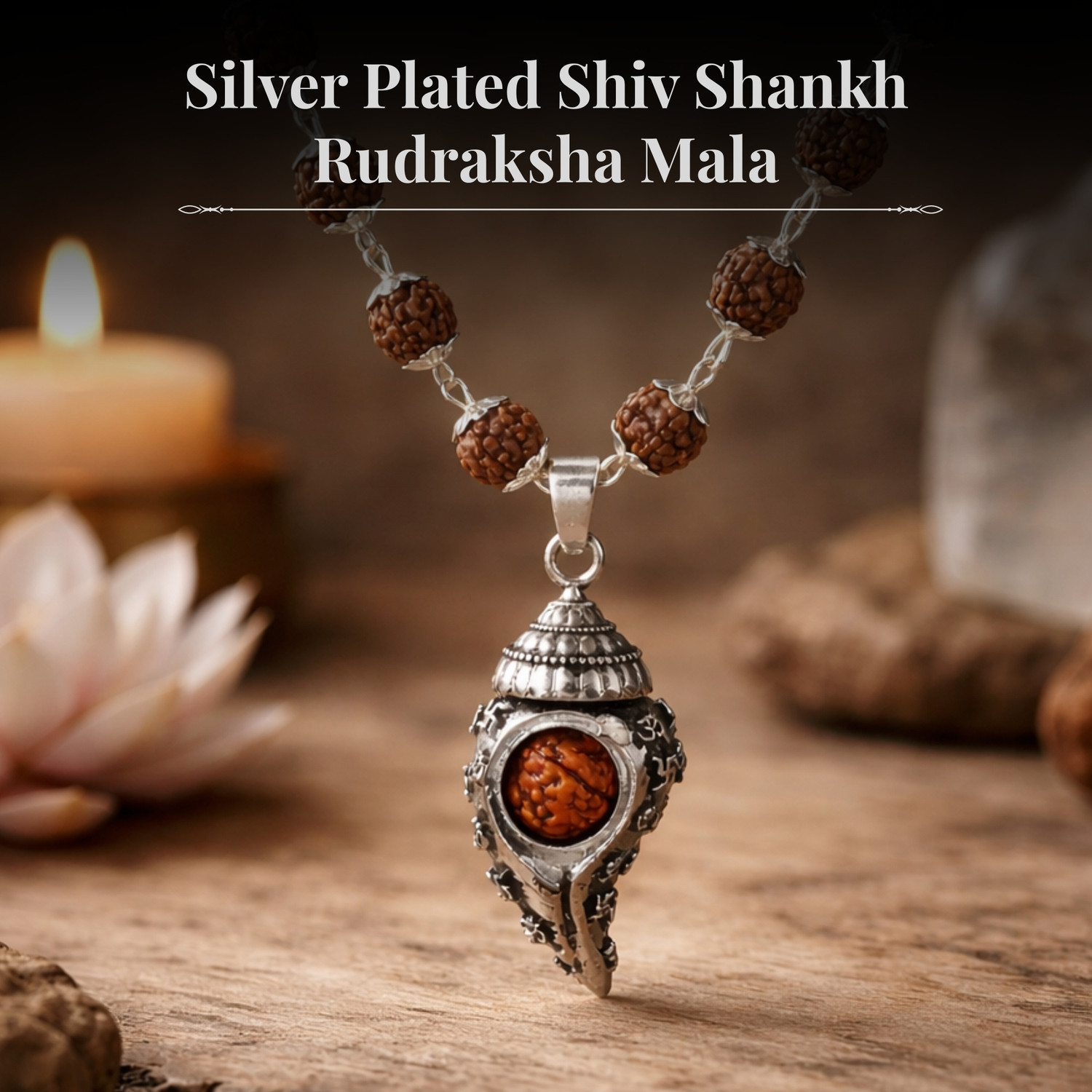 Image of Japam Silver Plated Shiv Shankh Pendant Mala for Spiritual Protection Rudraksha Necklace